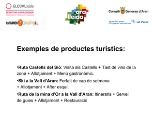 Exemples de productes turístics:
•Ruta Castells del Sió: Visita als Castells + Tast de vins de la
zona + Allotjament + Menú gastronòmic.
•Ski a la Vall d’Aran: Forfait de cap de setmana
+ Allotjament + After esquí.
•Ruta de la mina d’Or a la Vall d’Aran: Itineraris + Servei
de guies + Allotjament + Restauració
 