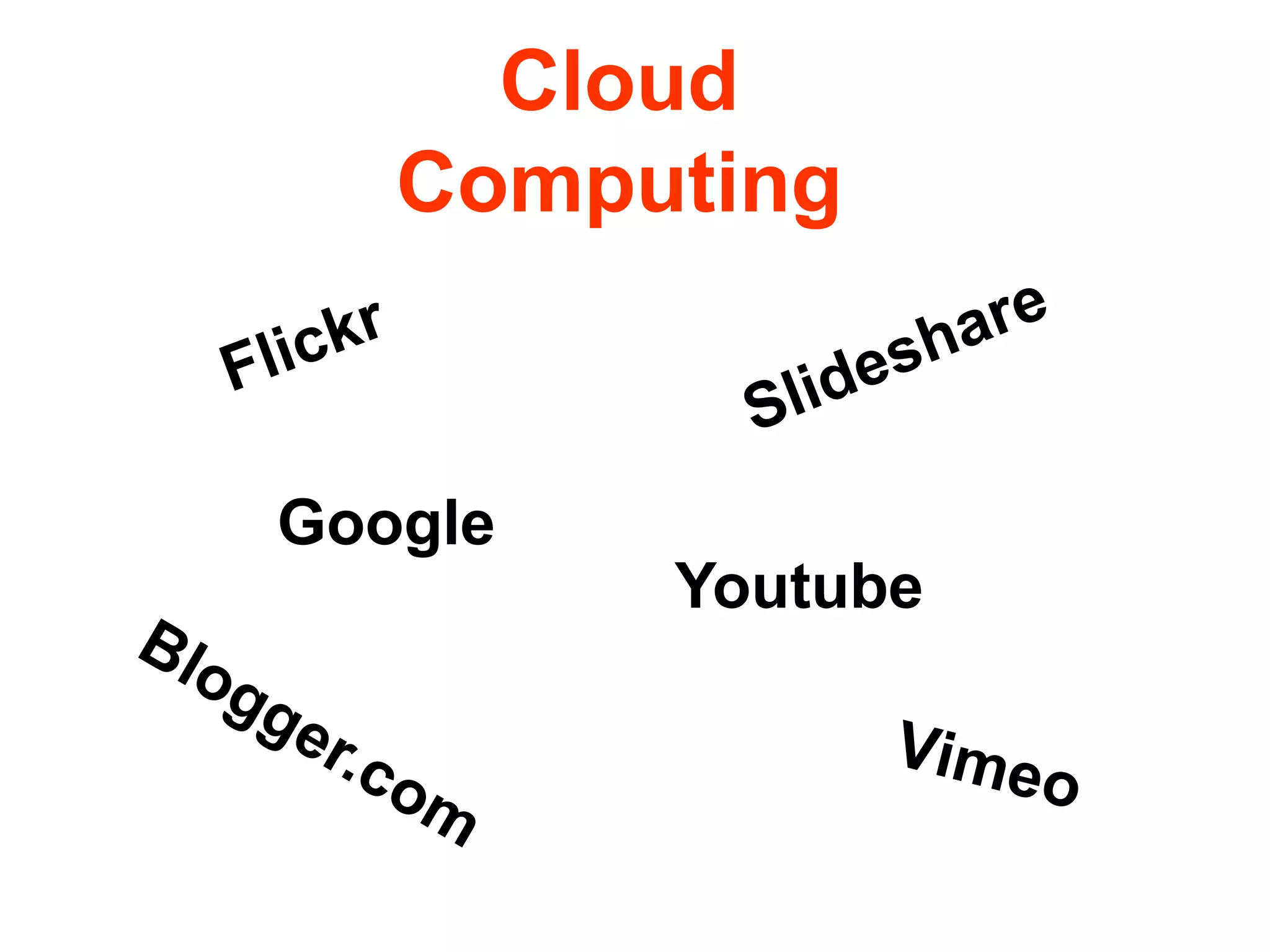 Cloud ComputingFlickrSlideshareGoogleYoutubeBlogger.com Vimeo