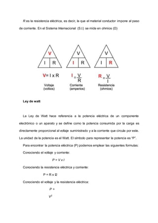 R es la resistencia eléctrica, es decir, la que el material conductor impone al paso
de corriente. En el Sistema Internacional (S.I.) se mide en ohmios (Ω)
Ley de watt
La Ley de Watt hace referencia a la potencia eléctrica de un componente
electrónico o un aparato y se define como la potencia consumida por la carga es
directamente proporcional al voltaje suministrado y a la corriente que circula por este.
La unidad de la potencia es el Watt. El símbolo para representar la potencia es “P”.
Para encontrar la potencia eléctrica (P) podemos emplear las siguientes formulas:
Conociendo el voltaje y corriente:
P = V x I
Conociendo la resistencia eléctrica y corriente:
P = R x I2
Conociendo el voltaje y la resistencia eléctrica:
P =
V2
 
