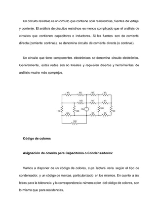 Un circuito resistivo es un circuito que contiene solo resistencias, fuentes de voltaje
y corriente. El análisis de circuitos resistivos es menos complicado que el análisis de
circuitos que contienen capacitores e inductores. Si las fuentes son de corriente
directa (corriente continua), se denomina circuito de corriente directa (o continua).
Un circuito que tiene componentes electrónicos se denomina circuito electrónico.
Generalmente, estas redes son no lineales y requieren diseños y herramientas de
análisis mucho más complejos.
Código de colores
Asignación de colores para Capacitores o Condensadores:
Vamos a disponer de un código de colores, cuya lectura varía según el tipo de
condensador, y un código de marcas, particularizado en los mismos. En cuanto a las
letras para la tolerancia y la correspondencia número-color del código de colores, son
lo mismo que para resistencias.
 