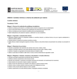 CHAN DA PONTE, 12
36450 – SALVATERRA DE MIÑO
PONTEVEDRA
Tel: 986658238 Fax: 986659259
ies.salvaterra.mino@edu.xunta.es
I.E.S. SALVATERRA DE MIÑO
F.S.E.
ANEXO I: Contidos mínimos e criterios de avaliación por materia
Contidos mínimos:
Tecnoloxía 2º ESO
Bloque 1. Proceso de resolución de problemas tecnolóxicos
 Deseña un prototipo que dá solución a un problema técnico sinxelo con pequenos erros na representación.
 Cubre os documentos básicos necesarios para a planificación da construción dun prototipo sinxelo.
 Fabrica un prototipo que case dá solución ao problema técnico principal plantexado.
 Mantén habitualmente unha actitude de respecto e colaboración cos seus compañeiros.
Bloque 2. Expresión e comunicación técnica
 Representa mediante esbozos en perspectiva cabaleira ou isométrica obxectos ou sistemas técnicos nos que se aprecie axeitadamente o
obxecto ou sistema a fabricar.
 Interpreta esbozos e bosquexos de produtos tecnolóxicos sinxelos.
 Realiza debuxos simples empregando programas de debuxo. Elabora os documentos básicos de presentación dun prototipo cun procesador de
texto.
Bloque 3. Materiais de uso técnico
 Describe as propiedades máis importantes dos materiais máis comúns: madeira, metais.
 Identifica os principais materiais cos que están fabricados obxectos técnicos cotiás ( madeira, metais).
 Identifica e manipula con seguridade as ferramentas básicas de traballo no taller.
 Elabora un plan básico de traballo no taller tendo en conta as normas fundamentais de seguridade e saúde.
Bloque 4. Máquinas e sistemas: estruturas, mecanismos e circuítos eléctricos
 Describe as principais características dos diferentes tipos de estruturas.
 Identifica os esforzos característicos nunha estrutura sinxela.
 Describe como transmiten o movemento os principais mecanismos de transmisión e de transformación de movemento.
 Calcula relacións de transmisións simples en poleas e engrenaxes.
 Explica a función dos elementos que compoñen unha máquina ou sistema mecánico sinxelo.
 Deseña e monta un sistema mecánico sinxelo que acade unha multiplicación de forza.
 Deseña e monta circuítos eléctricos básicos en serie e paralelo.
 Deseña e experimenta con circuítos eléctricos básicos empregando simboloxía normalizada.
111
 