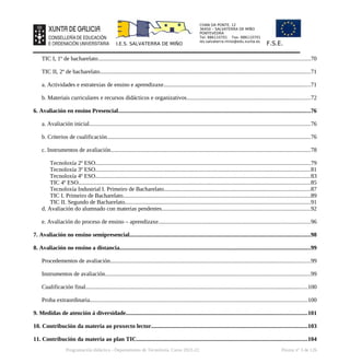 CHAN DA PONTE, 12
36450 – SALVATERRA DE MIÑO
PONTEVEDRA
Tel: 886110701 Fax: 886110701
ies.salvaterra.mino@edu.xunta.es
I.E.S. SALVATERRA DE MIÑO F.S.E.
TIC I, 1º de bacharelato................................................................................................................................................70
TIC II, 2º de bacharelato...............................................................................................................................................71
a. Actividades e estratexias de ensino e aprendizaxe....................................................................................................71
b. Materiais curriculares e recursos didácticos e organizativos....................................................................................72
6. Avaliación en ensino Presencial...................................................................................................................................76
a. Avaliación inicial......................................................................................................................................................76
b. Criterios de cualificación..........................................................................................................................................76
c. Instrumentos de avaliación........................................................................................................................................78
Tecnoloxía 2º ESO..................................................................................................................................................79
Tecnoloxía 3º ESO..................................................................................................................................................81
Tecnoloxía 4º ESO..................................................................................................................................................83
TIC 4º ESO..............................................................................................................................................................85
Tecnoloxía Industrial I. Primeiro de Bacharelato...................................................................................................87
TIC I. Primeiro de Bacharelato...............................................................................................................................89
TIC II. Segundo de Bacharelato..............................................................................................................................91
d. Avaliación do alumnado con materias pendentes.....................................................................................................92
e. Avaliación do proceso de ensino – aprendizaxe.......................................................................................................96
7. Avaliación no ensino semipresencial...........................................................................................................................98
8. Avaliación no ensino a distancia..................................................................................................................................99
Procedementos de avaliación........................................................................................................................................99
Instrumentos de avaliación............................................................................................................................................99
Cualificación final.......................................................................................................................................................100
Proba extraordinaria....................................................................................................................................................100
9. Medidas de atención á diversidade...........................................................................................................................101
10. Contribución da materia ao proxecto lector..........................................................................................................103
11. Contribución da materia ao plan TIC....................................................................................................................104
Programación didáctica - Departamento de Tecnoloxía. Curso 2021-22 Páxina nº 3 de 126
 