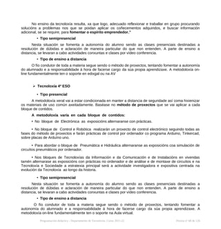 No ensino da tecnoloxía resulta, xa que logo, adecuado reflexionar e traballar en grupo procurando
solucións a problemas nos que se poidan aplicar os coñecementos adquiridos, e buscar información
adicional, se se require, para fomentar o espírito emprendedor.”
• Tipo semipresencial
Nesta situación se fomenta a autonomía do alumno sendo as clases presenciais destinadas a
resolución de dúbidas e aclaración de maneira particular do que non entenden. A parte de ensino a
distancia, se levaran a cabo actividades conxuntas e clases por vídeo conferencia.
• Tipo de ensino a distancia
O fío condutor de toda a materia segue sendo o método de proxectos, tentando fomentar a autonomía
do alumnado e a responsabilidade á hora de facerse cargo da súa propia aprendizaxe. A metodoloxía on-
line fundamentalmente ten o soporte en edixgal ou na AV
➢ Tecnoloxía 4º ESO
• Tipo presencial
A metodoloxía xeral vai a estar condicionada en manter a distancia de seguridade así coma hixienizar
os materiais de uso común axeitadamente. Baséase no método de proxectos que se vai aplicar a cada
bloque de contidos.
A metodoloxía varía en cada bloque de contidos:
• No bloque de Electrónica as exposicións alternaranse con prácticas.
• No bloque de Control e Robótica realizarán un proxecto de control electrónico seguindo todas as
fases do método de proxectos e farán prácticas de control por ordenador co programa Arduino, Tinkercad,
sobre placas de Arduíno uno.
• Para abordar o bloque de Pneumática e Hidráulica alternaranse as exposicións coa simulación de
circuítos pneumáticos por ordenador.
• Nos bloques de Tecnoloxías da Información e da Comunicación e de Instalacións en vivendas
tamén alternarase as exposicións con prácticas no ordenador e de análise e de montaxe de circuítos e na
Tecnoloxía e Sociedade a estratexia principal será a actividade investigadora e expositiva centrada na
evolución da Tecnoloxía ao longo da historia.
• Tipo semipresencial
Nesta situación se fomenta a autonomía do alumno sendo as clases presenciais destinadas a
resolución de dúbidas e aclaración de maneira particular do que non entenden. A parte de ensino a
distancia, se levaran a cabo actividades conxuntas e clases por vídeo conferencia.
• Tipo de ensino a distancia
O fío condutor de toda a materia segue sendo o método de proxectos, tentando fomentar a
autonomía do alumnado e a responsabilidade á hora de facerse cargo da súa propia aprendizaxe. A
metodoloxía on-line fundamentalmente ten o soporte na Aula virtual.
Programación didáctica - Departamento de Tecnoloxía. Curso 2021-22 Páxina nº 68 de 126
 