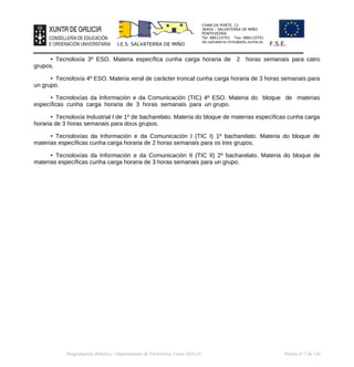 CHAN DA PONTE, 12
36450 – SALVATERRA DE MIÑO
PONTEVEDRA
Tel: 886110701 Fax: 886110701
ies.salvaterra.mino@edu.xunta.es
I.E.S. SALVATERRA DE MIÑO F.S.E.
• Tecnoloxía 3º ESO. Materia específica cunha carga horaria de 2 horas semanais para catro
grupos.
• Tecnoloxía 4º ESO. Materia xeral de carácter troncal cunha carga horaria de 3 horas semanais para
un grupo.
• Tecnoloxías da Información e da Comunicación (TIC) 4º ESO. Materia do bloque de materias
específicas cunha carga horaria de 3 horas semanais para un grupo.
• Tecnoloxía Industrial I de 1º de bacharelato. Materia do bloque de materias específicas cunha carga
horaria de 3 horas semanais para dous grupos.
• Tecnoloxías da Información e da Comunicación I (TIC I) 1º bacharelato. Materia do bloque de
materias específicas cunha carga horaria de 2 horas semanais para os tres grupos.
• Tecnoloxías da Información e da Comunicación II (TIC II) 2º bacharelato. Materia do bloque de
materias específicas cunha carga horaria de 3 horas semanais para un grupo.
Programación didáctica - Departamento de Tecnoloxía. Curso 2021-22 Páxina nº 7 de 126
 