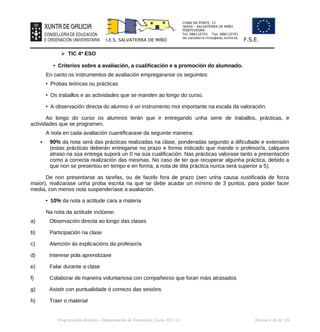 CHAN DA PONTE, 12
36450 – SALVATERRA DE MIÑO
PONTEVEDRA
Tel: 886110701 Fax: 886110701
ies.salvaterra.mino@edu.xunta.es
I.E.S. SALVATERRA DE MIÑO F.S.E.
➢ TIC 4º ESO
• Criterios sobre a avaliación, a cualificación e a promoción do alumnado.
En canto os instrumentos de avaliación empregaranse os seguintes:
• Probas teóricas ou prácticas
• Os traballos e as actividades que se manden ao longo do curso.
• A observación directa do alumno é un instrumento moi importante na escala da valoración.
Ao longo do curso os alumnos terán que ir entregando unha serie de traballos, prácticas, e
actividades que se programen.
A nota en cada avaliación cuantificarase da seguinte maneira:
• 90% da nota será das prácticas realizadas na clase, ponderadas segundo a dificultade e extensión
(estas prácticas deberán entregarse no prazo e forma indicado que mande o profesor/a, calquera
atraso na súa entrega suporá un 0 na súa cualificación. Nas prácticas valorase tanto a presentación
como a correcta realización das mesmas. No caso de ter que recuperar algunha práctica, debido a
que non se presentou en tempo e en forma, a nota de dita práctica nunca será superior a 5).
De non presentarse as tarefas, ou de facelo fora de prazo (sen unha causa xustificada de forza
maior), realizarase unha proba escrita na que se debe acadar un mínimo de 3 puntos, para poder facer
media, con menos nota suspenderíase a avaliación.
• 10% da nota a actitude cara a materia
Na nota da actitude inclúese:
a) Observación directa ao longo das clases
b) Participación na clase
c) Atención ás explicacións da profesor/a
d) Interese pola aprendizaxe
e) Falar durante a clase
f) Colaborar de maneira voluntariosa con compañeiros que foran máis atrasados
g) Asistir con puntualidade ó comezo das sesións
h) Traer o material
Programación didáctica - Departamento de Tecnoloxía. Curso 2021-22 Páxina nº 85 de 126
 