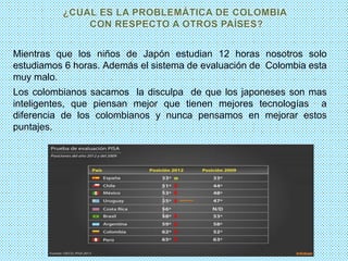 Mientras que los niños de Japón estudian 12 horas nosotros solo
estudiamos 6 horas. Además el sistema de evaluación de Colombia esta
muy malo.
Los colombianos sacamos la disculpa de que los japoneses son mas
inteligentes, que piensan mejor que tienen mejores tecnologías a
diferencia de los colombianos y nunca pensamos en mejorar estos
puntajes.
 