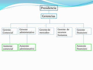 Presidencia 
Gerencias 
Gerente Comercial 
Gerente administrativo 
Gerente de mercadeo 
Gerente de recursos humanos 
Gerente financiero 
Asistente comercial 
Asistente administrativo 
Asistente financiero 