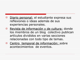 Diario personal:  el estudiante expresa sus reflexiones o ideas además de sus experiencias personales. Revista de información y de cultura:  donde los miembros de un blog  colectivo publican artículos divididos en varias secciones relacionadas con todo tipo de temas. Centro  temporal de información:  sobre acontecimientos  de eventos. 