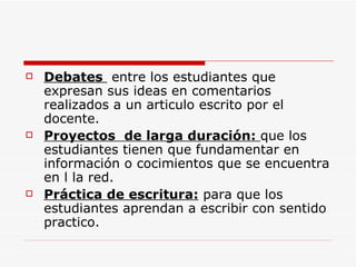 Debates  entre los estudiantes que expresan sus ideas en comentarios realizados a un articulo escrito por el docente. Proyectos  de larga duración:  que los estudiantes tienen que fundamentar en información o cocimientos que se encuentra en l la red. Práctica de escritura:  para que los estudiantes aprendan a escribir con sentido practico. 