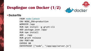 Despliegue con Docker (1/2)
 Dockerfile
FROM node:latest
ENV NODE_ENV=production
WORKDIR /app
RUN npm install -g grunt-cli
ADD package.json /app/
RUN npm install
ADD . /app
RUN grunt release
ENV PORT=80
EXPOSE 80
ENTRYPOINT ["node", "/app/app/server.js"]
 