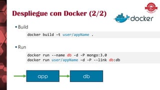 Despliegue con Docker (2/2)
 Build
 Run
docker build –t user/appName .
docker run --name db -d -P mongo:3.0
docker run user/appName –d –P --link db:db
dbapp
 