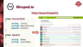 Hivepod.io
https://www.hivepod.io
class SessionTalk
{
string Title;
string? Description;
Speaker Author;
}
class Speaker
{
string Name;
string Lastname;
}
 