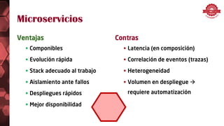 Microservicios
Ventajas
 Componibles
 Evolución rápida
 Stack adecuado al trabajo
 Aislamiento ante fallos
 Despliegues rápidos
 Mejor disponibilidad
Contras
 Latencia (en composición)
 Correlación de eventos (trazas)
 Heterogeneidad
 Volumen en despliegue 
requiere automatización
 