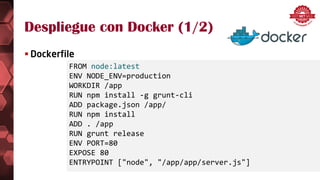 Despliegue con Docker (2/2)
 Build
 Run
docker build –t user/appName .
docker run --name db -d -P mongo:3.0
docker run u...