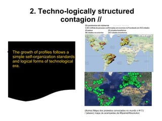 2. Techno-logically structured 
contagion // 
● The growth of profiles follows a 
simple self-organization standards 
and logical forms of technological 
era. 
(Acima) Mapa dos protestos convocados no mundo o #17J 
/ (abaixo) mapa de acampadas da #SpanishRevolution 
 