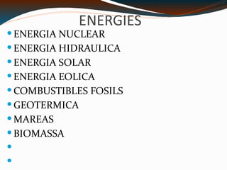 ENERGIES ENERGIA NUCLEAR ENERGIA HIDRAULICA ENERGIA SOLAR ENERGIA EOLICA COMBUSTIBLES FOSILS GEOTERMICA MAREAS BIOMASSA 