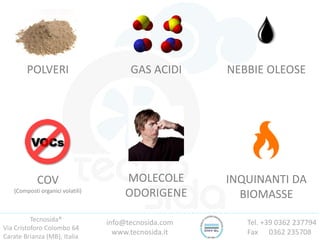 Tecnosida®
Via Cristoforo Colombo 64
Carate Brianza (MB), Italia
Tel. +39 0362 237794
Fax 0362 235708
info@tecnosida.com
www.tecnosida.it
POLVERI GAS ACIDI NEBBIE OLEOSE
COV
(Composti organici volatili)
MOLECOLE
ODORIGENE
INQUINANTI DA
BIOMASSE
 