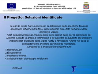 Il Progetto: Soluzioni identificate
UNIONE EUROPEA
FONDO EUROPEO DI SVILUPPO REGIONALE
REGIONE PUGLIA
AREA POLITICHE PER LO SVILUPPO IL LAVORO
E L’INNOVAZIONE
Le attività svolte hanno permesso la definizione delle specifiche tecniche
necessarie affinché CISEMaS fosse allineato allo Stato dell’Arte e delle
normative vigenti.
I dati acquisiti presso gli impianti pilota sono stati di base per la definizione del
Sistema Esperto in grado di interpretarli e gli algoritmi di supporto alle decisioni
implementati si basano sulla logica Fuzzy e forniscono Allarmi nel caso di
comportamento anomalo dell’impianto monitorato.
Il progetto si è articolato nei seguenti OR:
1.Raccolta Dati
2.Elaborazione
3.Interfaccia Utente
4.Sviluppo e test di prototipo funzionale
Intervento cofinanziato dall’U.E.
F.E.S.R. sul P.O. Regione Puglia 2007-2013
Asse I – Linea 1.1 “Aiuti agli investimenti in ricerca per le PMI - Azione 1.1.2
CISEMaS
 