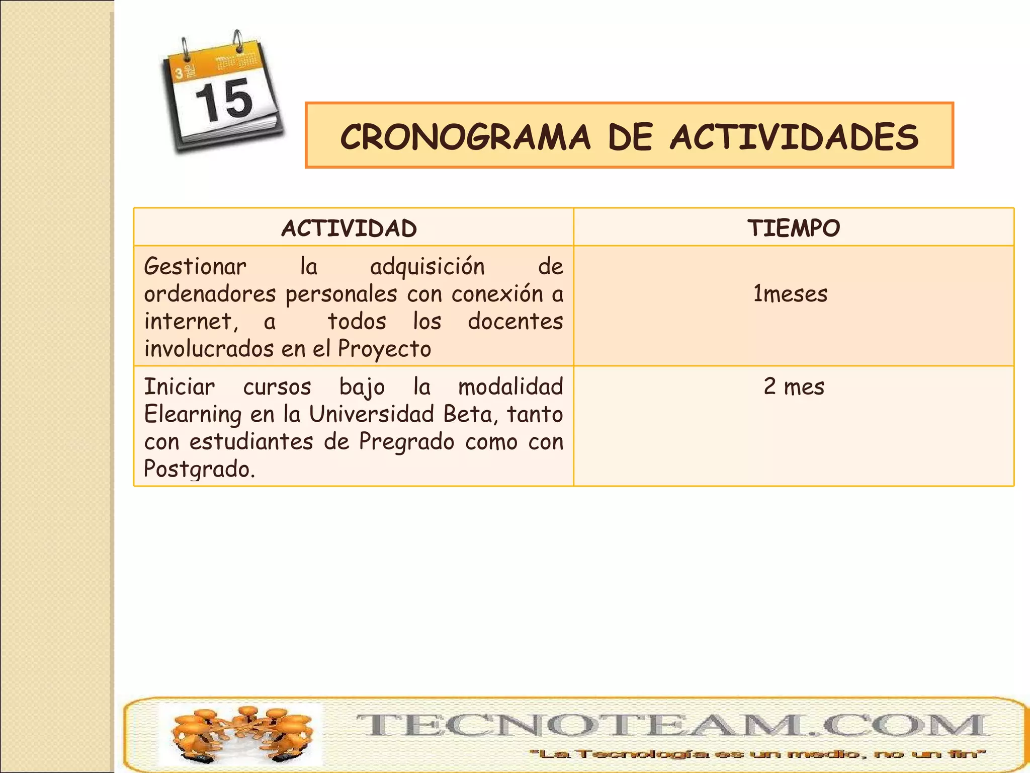 CRONOGRAMA DE ACTIVIDADES ACTIVIDAD  TIEMPO Gestionar la adquisición de ordenadores personales con conexión a internet, a  todos los docentes involucrados en el Proyecto 1meses  Iniciar cursos bajo la modalidad Elearning en la Universidad Beta, tanto con estudiantes de Pregrado como con Postgrado. 2 mes 