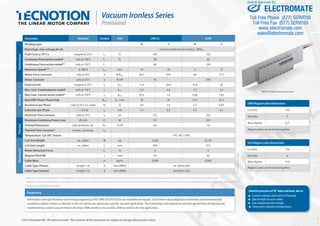 ROVISIONAL
©2014 Tecnotion BV - All rights reserved - The contents of this document are subject to change without prior notice.
ROVISIONAL
Parameter Remarks Symbol Unit UMV12 ULV9
Performance
Winding type N S N S
Motortype, max voltage ph-ph 3-phase synchronous Ironless, 300Vdc
Peak Force @ 20°C/s magnet @ 25°C Fp N 400 720
ContinuousForcepassivecooled* coils @ 110°C Fc N 20 45
Continuous Force active cooled** coils @ 110°C Fc 80 150
Maximum Speed*** @ 300 V vmax m/s 10 16 5 12
Motor Force Constant coils @ 20°C K N/Arms 36.3 19.9 68 27.5
Motor Constant coils @ 25°C S N2
/W 95 290
Electrical
Peak Current magnet @ 25°C Ip Arms 11.0 20.0 10.6 26
Max. Cont. Current passive cooled* coils @ 110°C Ic Arms 2,2 4,0 2,2 5,5
Max.Cont. Current active cooled** coils @ 110°C Ic Arms 0,55 1,0 0,66 1,63
Back EMF Phase-Phase Peak Bemf Vdc / m/s 30 16 55.5 25.5
Resistance per Phase coils @ 25°C ex. cable Rf Ω 4.6 1.4 5.3 0.85
Induction per Phase I < 0.6 Ip Lf mH 1.5 0.4 4.2 0.7
Electrical Time Constant coils @ 25°C τe ms 0.3 0.8
Maximum Continious Power Loss all coils Pc W 91 105
Thermal
Thermal Resistance coils to mount. sfc. Rth °C/W 0.6 1.0
Thermal Time Constant* to max. coil temp. τth
Temperature Cut-oﬀ / Sensor PTC 1kΩ / NTC
Mechanical
Coil Unit Weight ex. cables W kg 0.330 0.720
Coil Unit Length ex. cables L mm 260 272
Motor Attraction Force Fa N 0 0
Magnet Pitch NN τ mm 30 42
Cable Mass m kg/m 0.060 0.060
Cable Type (Power) length 1 m d mm (AWG) 3x 1,6mm (20)
Cable Type (Sensor) length 1 m d mm (AWG) 4x 0,8mm (26)
ROVISIONAL
ULV Magnet yoke dimensions
Le (mm) 126
M5 bolts 6
Mass (kg/m) 13.6
Magnet yokes can be butted together.
ROVISIONAL
UMV12 in 150mm magnet yoke shown
Allspeciﬁcations±10%
***Actual values depend on bus voltage.
* Depends on environmental conditions in the application. Continous force noted has been determined with a thermal resistance of 0,05 K/W and a mounting surface of 20°C when the motor is driven at max. continuous current
** Depends on environmental conditions in the application. Continous force noted has been determined with a thermal resistance of 9 K/W for the UMV12 and 10 K/W for ULV9 with a temperature diﬀerence between coil and vac. chamber wall of 60°C
ROVISIONAL
UMV Magnet yoke dimensions
Le (mm) 150
M4 bolts 5
Mass (kg/m) 6.7
Magnet yokes can be butted together.
ROVISIONAL
Outgassing
Information and speciﬁcations concerning outgassing of the UMV and ULV series are available on request. Since these values depend on materials and environmental
conditions, please contact us directly so we can advise you about your speciﬁc vacuum application. The knowledge and experience we have gained from designing and
implementing custom vacuum motors for large OEMs enable us to provide a ﬁtting solution for any application.
ROVISIONAL
Suited for pressures of 10-8
mbar and lower, due to:
■ Custom stainless steel coil unit housing
■ Special high vacuum cables
■ Low outgassing yoke design
■ Cleanroom manufacturing process
Ver.1.01
Vacuum Ironless Series
Provisional
ELECTROMATE
Toll Free Phone (877) SERVO98
Toll Free Fax (877) SERV099
www.electromate.com
sales@electromate.com
Sold & Serviced By:
 