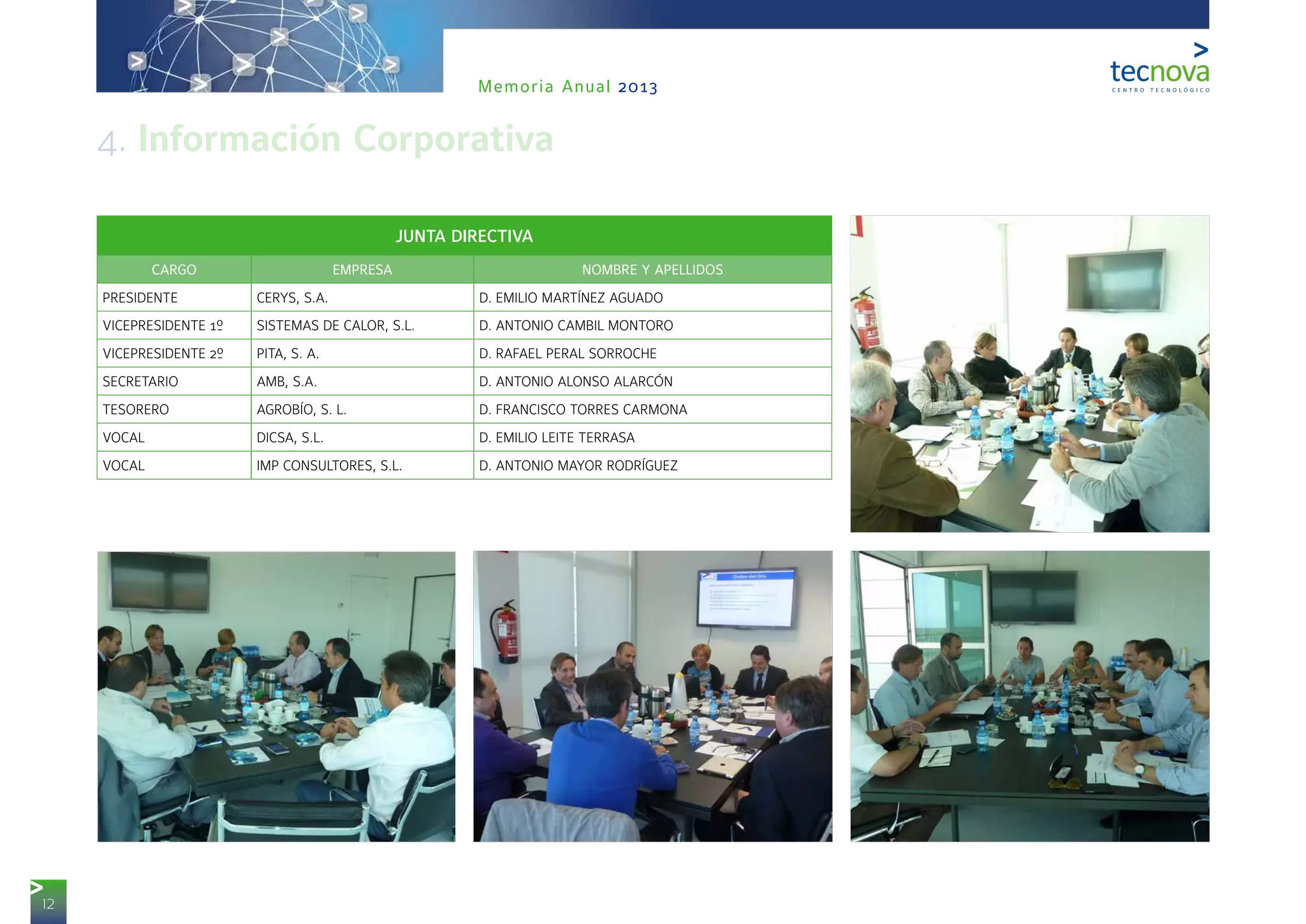 12
Memoria Anual 2013
JUNTA DIRECTIVA
CARGO EMPRESA NOMBRE Y APELLIDOS
PRESIDENTE CERYS, S.A. D. EMILIO MARTÍNEZ AGUADO
VICEPRESIDENTE 1º SISTEMAS DE CALOR, S.L. D. ANTONIO CAMBIL MONTORO
VICEPRESIDENTE 2º PITA, S. A. D. RAFAEL PERAL SORROCHE
SECRETARIO AMB, S.A. D. ANTONIO ALONSO ALARCÓN
TESORERO AGROBÍO, S. L. D. FRANCISCO TORRES CARMONA
VOCAL DICSA, S.L. D. EMILIO LEITE TERRASA
VOCAL IMP CONSULTORES, S.L. D. ANTONIO MAYOR RODRÍGUEZ
4. Información Corporativa
 