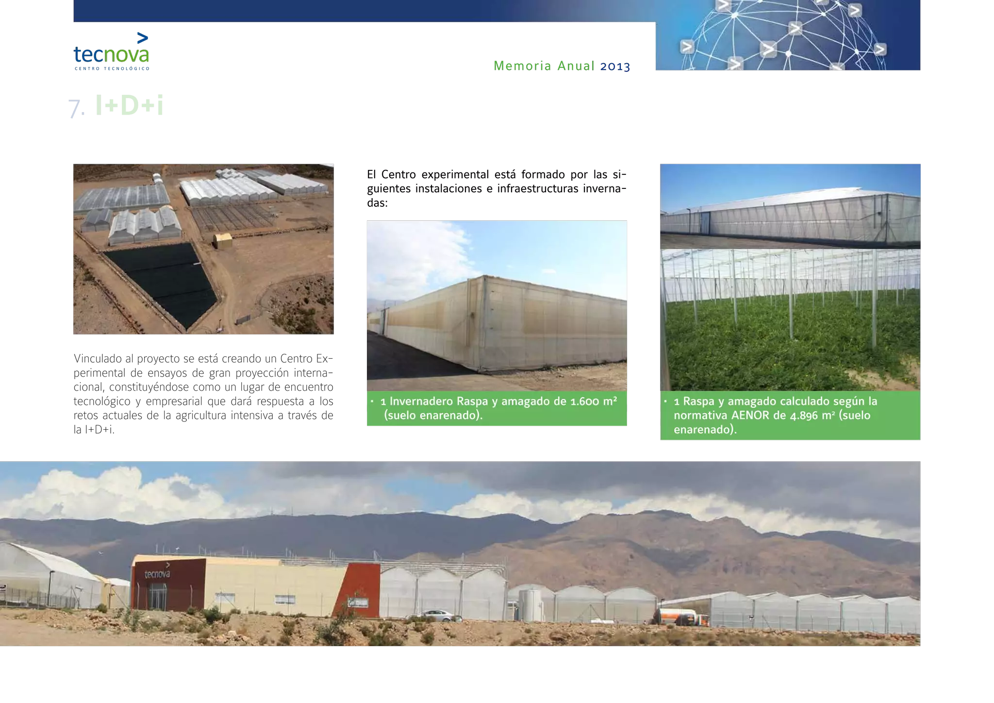 Memoria Anual 2013
Vinculado al proyecto se está creando un Centro Ex-
perimental de ensayos de gran proyección interna-
cional, constituyéndose como un lugar de encuentro
tecnológico y empresarial que dará respuesta a los
retos actuales de la agricultura intensiva a través de
la I+D+i.
El Centro experimental está formado por las si-
guientes instalaciones e infraestructuras inverna-
das:
•	 1 Invernadero Raspa y amagado de 1.600 m²
(suelo enarenado).
•	 1 Raspa y amagado calculado según la
normativa AENOR de 4.896 m2
(suelo
enarenado).
7. I+D+i
 