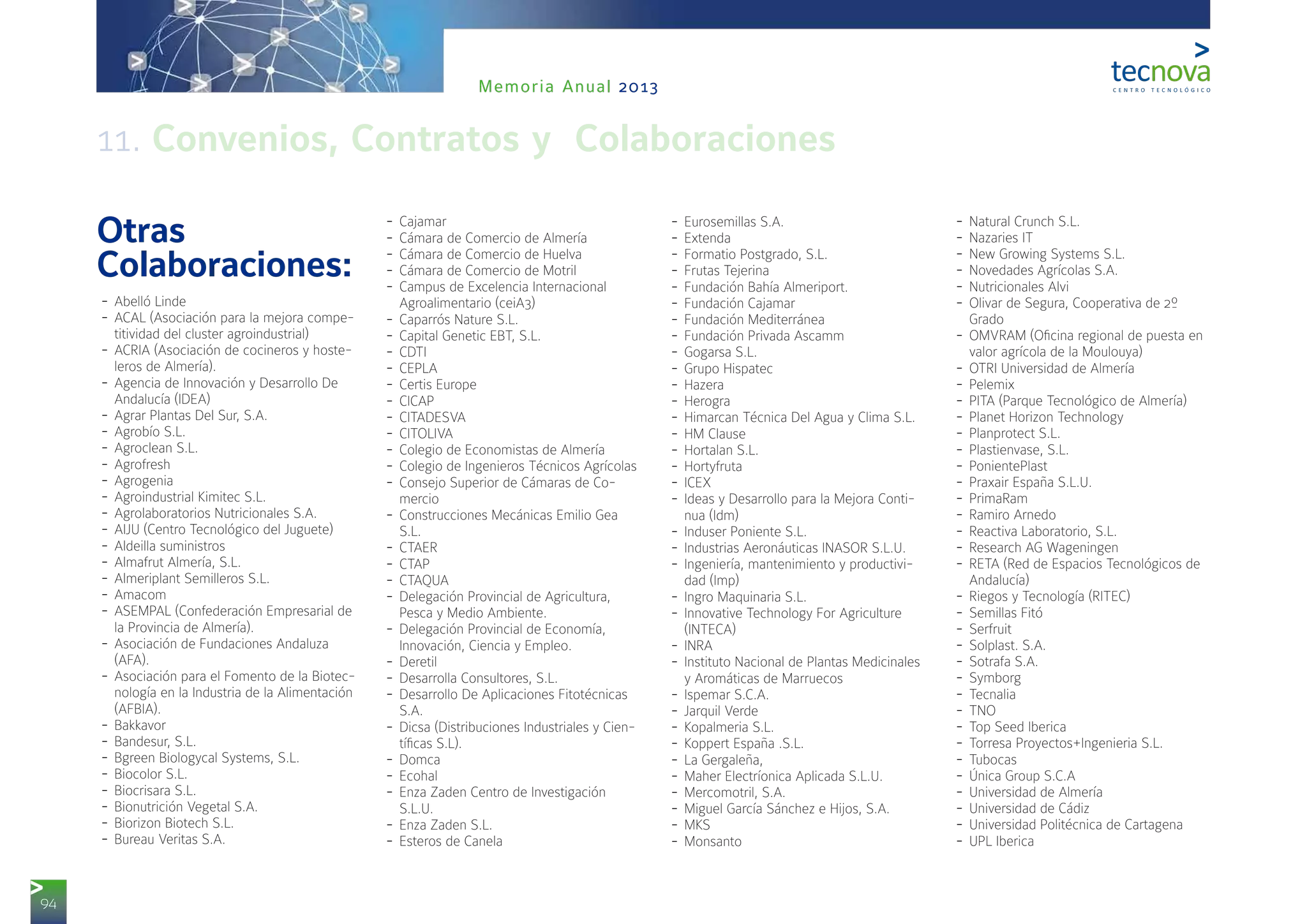 94
Memoria Anual 2013
Otras
Colaboraciones:
-- Abelló Linde
-- ACAL (Asociación para la mejora compe-
titividad del cluster agroindustrial)
-- ACRIA (Asociación de cocineros y hoste-
leros de Almería).
-- Agencia de Innovación y Desarrollo De
Andalucía (IDEA)
-- Agrar Plantas Del Sur, S.A.
-- Agrobío S.L.
-- Agroclean S.L.
-- Agrofresh
-- Agrogenia
-- Agroindustrial Kimitec S.L.
-- Agrolaboratorios Nutricionales S.A.
-- AIJU (Centro Tecnológico del Juguete)
-- Aldeilla suministros
-- Almafrut Almería, S.L.
-- Almeriplant Semilleros S.L.
-- Amacom
-- ASEMPAL (Confederación Empresarial de
la Provincia de Almería).
-- Asociación de Fundaciones Andaluza
(AFA).
-- Asociación para el Fomento de la Biotec-
nología en la Industria de la Alimentación
(AFBIA).
-- Bakkavor
-- Bandesur, S.L.
-- Bgreen Biologycal Systems, S.L.
-- Biocolor S.L.
-- Biocrisara S.L.
-- Bionutrición Vegetal S.A.
-- Biorizon Biotech S.L.
-- Bureau Veritas S.A.
-- Cajamar
-- Cámara de Comercio de Almería
-- Cámara de Comercio de Huelva
-- Cámara de Comercio de Motril
-- Campus de Excelencia Internacional
Agroalimentario (ceiA3)
-- Caparrós Nature S.L.
-- Capital Genetic EBT, S.L.
-- CDTI
-- CEPLA
-- Certis Europe
-- CICAP
-- CITADESVA
-- CITOLIVA
-- Colegio de Economistas de Almería
-- Colegio de Ingenieros Técnicos Agrícolas
-- Consejo Superior de Cámaras de Co-
mercio
-- Construcciones Mecánicas Emilio Gea
S.L.
-- CTAER
-- CTAP
-- CTAQUA
-- Delegación Provincial de Agricultura,
Pesca y Medio Ambiente.
-- Delegación Provincial de Economía,
Innovación, Ciencia y Empleo.
-- Deretil
-- Desarrolla Consultores, S.L.
-- Desarrollo De Aplicaciones Fitotécnicas
S.A.
-- Dicsa (Distribuciones Industriales y Cien-
tíficas S.L).
-- Domca
-- Ecohal
-- Enza Zaden Centro de Investigación
S.L.U.
-- Enza Zaden S.L.
-- Esteros de Canela
-- Eurosemillas S.A.
-- Extenda
-- Formatio Postgrado, S.L.
-- Frutas Tejerina
-- Fundación Bahía Almeriport.
-- Fundación Cajamar
-- Fundación Mediterránea
-- Fundación Privada Ascamm
-- Gogarsa S.L.
-- Grupo Hispatec
-- Hazera
-- Herogra
-- Himarcan Técnica Del Agua y Clima S.L.
-- HM Clause
-- Hortalan S.L.
-- Hortyfruta
-- ICEX
-- Ideas y Desarrollo para la Mejora Conti-
nua (Idm)
-- Induser Poniente S.L.
-- Industrias Aeronáuticas INASOR S.L.U.
-- Ingeniería, mantenimiento y productivi-
dad (Imp)
-- Ingro Maquinaria S.L.
-- Innovative Technology For Agriculture
(INTECA)
-- INRA
-- Instituto Nacional de Plantas Medicinales
y Aromáticas de Marruecos
-- Ispemar S.C.A.
-- Jarquil Verde
-- Kopalmeria S.L.
-- Koppert España .S.L.
-- La Gergaleña,
-- Maher Electríonica Aplicada S.L.U.
-- Mercomotril, S.A.
-- Miguel García Sánchez e Hijos, S.A.
-- MKS
-- Monsanto
11. Convenios, Contratos y Colaboraciones
-- Natural Crunch S.L.
-- Nazaries IT
-- New Growing Systems S.L.
-- Novedades Agrícolas S.A.
-- Nutricionales Alvi
-- Olivar de Segura, Cooperativa de 2º
Grado
-- OMVRAM (Oficina regional de puesta en
valor agrícola de la Moulouya)
-- OTRI Universidad de Almería
-- Pelemix
-- PITA (Parque Tecnológico de Almería)
-- Planet Horizon Technology
-- Planprotect S.L.
-- Plastienvase, S.L.
-- PonientePlast
-- Praxair España S.L.U.
-- PrimaRam
-- Ramiro Arnedo
-- Reactiva Laboratorio, S.L.
-- Research AG Wageningen
-- RETA (Red de Espacios Tecnológicos de
Andalucía)
-- Riegos y Tecnología (RITEC)
-- Semillas Fitó
-- Serfruit
-- Solplast. S.A.
-- Sotrafa S.A.
-- Symborg
-- Tecnalia
-- TNO
-- Top Seed Iberica
-- Torresa Proyectos+Ingenieria S.L.
-- Tubocas
-- Única Group S.C.A
-- Universidad de Almería
-- Universidad de Cádiz
-- Universidad Politécnica de Cartagena
-- UPL Iberica
 
