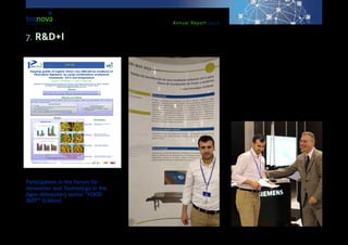 Annual Report 2013
Participation in the Forum for
Innovation and Technology in the
Agro-Alimentary sector “FOOD
I&DT” (Lisbon)
Tecnova researchers have presented two R&D+I pro-
jects to the Forum for Innovation and Technology
within the Agro-Alimentary sector known as “FOOD
I&DT”, framed within the International Show “Alimen-
taria & Horexpo”, held in Lisboa.More specifically, the
device presented was one used for dry disinfection
using UV-C radiation in fruit and vegetable handling
lines, developed by Ingro Machinery, with initial re-
search support by Tecnova. This project received the
3rd prize in a competition for innovative projects. The
prize was given by the State Secretary for Food and
Agro-alimentary Research of Portugal himself - Mr.
Nuno Vieira e Brito. The 2nd project dealt with NIR
technology for the measurement of Bix degrees in
melon and watermelon.
Keeping quality of organic lemon very affected by incidence of
Penicillium digitatum, by using combinations of physical
treatments: UV-C and temperature
Conesa, A.; Pozo-Dengra, J*.; López, G.; Galera, M.C.
Department of Postharvest and Packaging Technology, Technological Center Tecnova, Parque Científico-
Tecnológico de Almería, Avda. de la Innovación, 23, 04131, Almería, Spain.
agroalimentaria@fundaciontecnova.com
BIOMICROWORLD 2013. MADRID, October 2-4th, 2013
Abstract
Conclusions
Oficina de Transferencia de Resultados de Investigación
Reducing the high incidence of Penicillium digitatum over organic lemon, by using environmentally friendly
treatments, based on the use of emergent technology as ultraviolet light combined with thermal treatments.
Materials and methods
In the present work the incidence of combinations of different doses of UV-C with the use of moderate to high storage temperature before cold storage, on
overall quality and shelf life of organic lemon was evaluated. Ultraviolet light in electromagnetic spectrum range between 200-280 nm (type C) has a strong
effect against microorganism growth.
Summary treatments
1. CT: Control.
2. TT (Thermal treatment): application of 35 ºC during 24 hours previous cold storage.
3. UVm: moderate UVC doses (1kJ/m2).
4. UVh: high UVC dose (4kJ/m2).
5. UVm + TT: 1kJ/m2 + application of 35 ºC for 24 hours previous cold storage.
6. UVh + TT: 4kJ/m2 + application of 35 ºC for 24 hours previous cold storage.
Analytical determinations:
1. Evolution of color (CIELab system).
2. Evaluation of incidence of Penicillum. digitatum.
3. Visual appearance.
Results
 Thermal treatment was a positive effect,
reducing level of rots.
CT TT
UVm UVh
 UVC have not a positive effect.
 High doses (4 kJ/m2) was even worse
treatment compared to moderate doses.
 Thermal treatment + high doses (4
kJ/m2) was the best combination.
UVm + TT UVh + TT
Incidence rots.
21 days shipping + treatments + 4 days at
8 ºC (transport) + 8 days at 20 ºC
(commercialization).
Effect of different treatments over color parameters.
 All the treatments produced a reduction of L*,
which results in a slight loss of brightness.
Code: 980
References: Allende, A., Artés, F. 2003. Combined ultraviolet-C and modified atmosphere packaging treatments for reducing microbial growth of fresh processed
lettuce. Lebensm. Wissen. und-Technol. 36: 779-786
7. R&D+I
 
