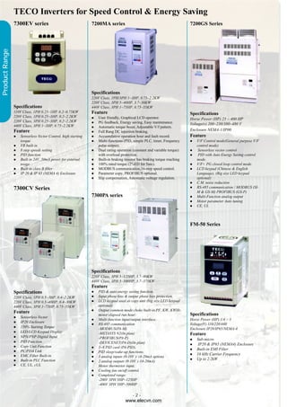 TECO Inverters for Speed Control & Energy Saving
                7300EV series                                 7200MA series                                              7200GS Series
Product Range




                                                              Specifications
                                                              220V Class, 1PH/3PH 1~3HP, 0.75~2.2KW
                                                              220V Class, 3PH 5~40HP, 3.7~30KW
                Specifications                                440V Class, 3PH 1~75HP, 0.75~55KW
                110V Class, 1PH 0.25~1HP, 0.2~0.75KW          Feature                                                    Specifications
                220V Class, 1PH 0.25~3HP, 0.2~2.2KW              User friendly, Graphical LCD operator.                  Horse Power (HP) 25 ~ 400 HP
                220V Class, 3PH 0.25~3HP, 0.2~2.2KW              PG feedback, Energy saving, Easy maintenance.
                440V Class, 3PH 1~3HP, 0.75~2.2KW                                                                        Voltage(v) 200~230/380~480 V
                                                                 Automatic torque boost, Adjustable V/f pattern.
                Feature                                          Full Rang DC injection braking.                         Enclosure NEMA-1/IP00
                   Sensorless Vector Control, high starting      Accumulative operation hour and fault record.           Feature
                   torque                                        Multi-functions (PID, simple PLC, timer, Frequency         V/F Control mode(General purpose V/F
                   VR built in                                   pulse output).                                             control mode)
                   8 step speeds setting                         Dual rating operation (constant and variable torque)        Sensorless vector control
                   PID function                                  with overload protection.                                   PID with Auto Energy Saving control
                   Built in 24V, 50mA power for external         Built-in braking resistor has braking torque reaching      mode.
                   usage                                         100% rated torque (2%ED for 5sec).                         V/F+ PG closed loop control mode.
                   Built in class B filter                       MODBUS communication,16-step speed control.                LCD keypad (Chinese & English
                   IP 20 & IP 65 (NEMA 4) Enclosure              Parameter copy, PROFIBUS optional.                         Language), (Big size LED keypad
                                                                 Slip compensation, Automatic voltage regulation.           optional)
                                                                                                                            C.M. noise reduction
                7300CV Series                                                                                               RS-485 communication / MODBUS (SI-
                                                                                                                            M & GS-M) PROFIBUS (GS-P)
                                                              7300PA series                                                 Multi-Function analog output
                                                                                                                            Motor parameter Auto tuning
                                                                                                                            CE, UL



                                                                                                                         FM-50 Series




                                                              Specifications
                                                              220V Class, 3PH 5~125HP, 3.7~90KW
                                                              440V Class, 3PH 5~500HP, 3.7~375KW
                                                              Feature
                Specifications                                   PID & auto energy saving function.
                220V Class, 1PH 0.5~3HP, 0.4~2.2KW               Input phase loss & output phase loss protection.
                220V Class, 3PH 0.5~40HP, 0.4~30KW               LCD keypad used as copy unit (big size LED keypad
                440V Class, 3PH 1~75HP, 0.75~55KW                optional)
                Feature                                          Output common mode choke built-in.PF, KW, KWHr,
                                                                 motor elapsed run hour.                                 Specifications
                   Sensorless Vector
                                                                 Multi-function input/output interface.                  Horse Power (HP) 1/4 ~ 3
                   IP20 Enclosure
                                                                 RS-485 communication                                    Voltage(V) 110/220/440
                   150% Starting Torque                          -MODBUS(PA-M)                                           Enclosure IP20/IP65/NEMA-4
                   LED/LCD Keypad Display                        -METASYS N2(In plan)                                    Feature
                   NPN/PNP Digital Input                         -PROFIBUS(PA-P)                                            Sub-micro
                   PID Function                                  -DEVICENET(PA-D)(In plan)                                   IP20 & IP65 (NEMA4) Enclosure
                   Copy Unit Function                            1~8 PID card (PA-PID).
                   PC/PDA Link                                                                                              Built-in EMI Filter
                                                                 PID sleep/wake-up functions.
                   EMC Filter Built-in                                                                                      16 kHz Carrier Frequency
                                                                 3 analog inputs (0-10V )/ (4-20mA option)
                   Built-in PLC Function                                                                                    Up to 2.2kW
                                                                 2 analog outputs (0-10V ) /(4-20mA)
                   CE, UL, cUL                                   Motor thermistor input.
                                                                 Cooling fan on/off control.
                                                                 Completed range:
                                                                 -200V 3PH 5HP~125HP
                                                                 -400V 3PH 5HP~500HP

                                                                                       -2-
                                                                                  www.elecvn.com
 