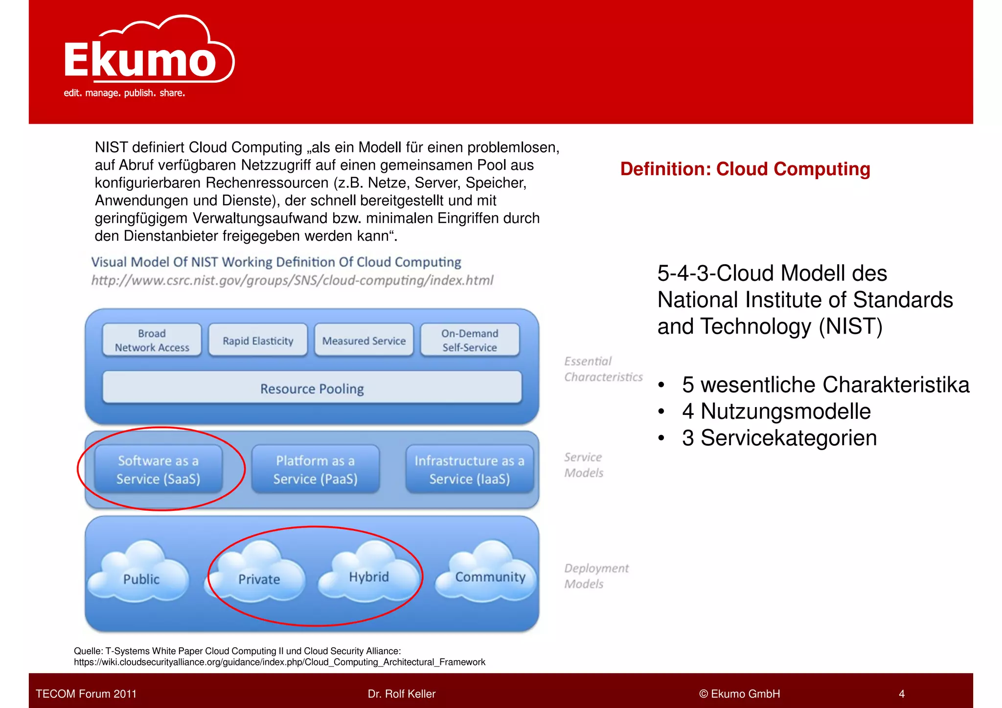 NIST definiert Cloud Computing „als ein Modell für einen problemlosen,
          auf Abruf verfügbaren Netzzugriff auf einen gemeinsamen Pool aus                                Definition: Cloud Computing
          konfigurierbaren Rechenressourcen (z.B. Netze, Server, Speicher,
          Anwendungen und Dienste), der schnell bereitgestellt und mit
          geringfügigem Verwaltungsaufwand bzw. minimalen Eingriffen durch
          den Dienstanbieter freigegeben werden kann“.

                                                                                                              5-4-3-Cloud Modell des
                                                                                                              National Institute of Standards
                                                                                                              and Technology (NIST)

                                                                                                              • 5 wesentliche Charakteristika
                                                                                                              • 4 Nutzungsmodelle
                                                                                                              • 3 Servicekategorien




      Quelle: T-Systems White Paper Cloud Computing II und Cloud Security Alliance:
      https://wiki.cloudsecurityalliance.org/guidance/index.php/Cloud_Computing_Architectural_Framework


TECOM Forum 2011                                                           Dr. Rolf Keller                        © Ekumo GmbH          4
 