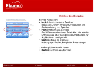 Definition: Cloud Computing

                           Service-Kategorien:
                           • IaaS (Infrastructure as a Service)
                             Bezug von „rohen“ Infrastrukturressourcen wie
                             Rechenleistung und Speicher
                           • PaaS (Platform as a Service)
                             PaaS-Dienste adressieren Entwickler. Hier werden
                             Entwicklungs- aber auch Betriebsumgebungen für
                             Applikationen bereitgestellt
                           • SaaS (Software as a Service)
                             Nutzung spezifischer, kompletter Anwendungen

                           …und es gibt noch mehr davon…
                           • XaaS (Everything as a Service)
                             ......




TECOM Forum 2011   Dr. Rolf Keller                     © Ekumo GmbH          6
 