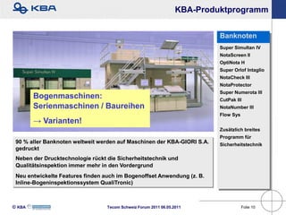 KBA-Produktprogramm


                                                                           Banknoten
                                                                           Super Simultan IV
                                                                           NotaScreen II
                                                                           OptiNota H
                                                                           Super Orlof Intaglio
                                                                           NotaCheck III
                                                                           NotaProtector
                                                                           Super Numerota III
        Bogenmaschinen:                                                    CutPak III
        Serienmaschinen / Baureihen                                        NotaNumber III
                                                                           Flow Sys
        → Varianten!
                                                                           Zusätzlich breites
                                                                           Programm für
 90 % aller Banknoten weltweit werden auf Maschinen der KBA-GIORI S.A.     Sicherheitstechnik
 gedruckt
 Neben der Drucktechnologie rückt die Sicherheitstechnik und
 Qualitätsinspektion immer mehr in den Vordergrund
 Neu entwickelte Features finden auch im Bogenoffset Anwendung (z. B.
 Inline-Bogeninspektionssystem QualiTronic)



KBA                             Tecom Schweiz Forum 2011 06.05.2011                 Folie 10
 