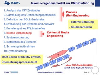 tekom-Vorgehensmodell zur CMS-Einführung

 1. Analyse des IST-Zustandes
                                                                       Process
 2. Darstellung des Optimierungspotenzials                             (Re-) Engineering
 3. Definition der SOLL-Zustandes
                                                                           - externe Beratung
 4. Evaluierung der Systeme und Auswahl
                                                                           - Studienarbeiten
 5. Erstellung eines Pflichtenheftes
 6. Interne Vorbereitung                   Content & Media
                                           Engineering
 7. Systemanpassung
 8. Installation des Systems
 9. Schulungsmaßnahmen
 10.Systemnutzung

3000 Seiten produktiv erfasst,
Übersetzungsprozess läuft
                                                                       tekom CMS-Studie 2005/2008
                                                                     (c) Prof. Dr. W. Ziegler, HS Karlsruhe

 KBA                         Tecom Schweiz Forum 2011 06.05.2011                             Folie 16
 