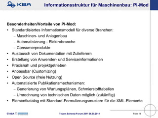 Informationsstruktur für Maschinenbau: PI-Mod



Besonderheiten/Vorteile von PI-Mod:
• Standardisiertes Informationsmodell für diverse Branchen:
    Maschinen- und Anlagenbau
    Automatisierung - Elektrobranche
    Consumerprodukte
• Austausch von Dokumentation mit Zulieferern
• Erstellung von Anwender- und Serviceinformationen
• Praxisnah und projektgetrieben
• Anpassbar (Customizing)
• Open Source (freie Nutzung)
• Automatisierte Publikationsmechanismen:
    Generierung von Wartungsplänen, Schmierstofftabellen
    Umrechnung von technischen Daten möglich (zukünftig)
• Elementkatalog mit Standard-Formulierungsmustern für die XML-Elemente


KBA                      Tecom Schweiz Forum 2011 06.05.2011    Folie 19
 