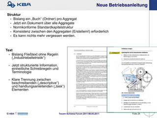 Neue Betriebsanleitung

Struktur
  - Bislang ein „Buch“ (Ordner) pro Aggregat
  - Jetzt ein Dokument über alle Aggregate
  - Normkonforme Standardkapitelstruktur
  - Konsistenz zwischen den Aggregaten (Erstellern!) erforderlich
  - Es kann nichts mehr vergessen werden.



Text
  - Bislang Fließtext ohne Regeln
    („Industriebelletristik“)

 - Jetzt strukturierte Information,
   einheitliche Schreibregeln und
   Terminologie

 - Klare Trennung zwischen
   beschreibenden („descriptive“)
   und handlungsanleitenden („task“)
   Elementen




KBA                                 Tecom Schweiz Forum 2011 06.05.2011            Folie 24
 