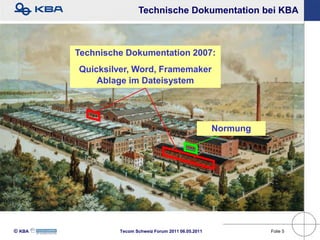 Technische Dokumentation bei KBA



        Technische Dokumentation 2007:
        Quicksilver, Word, Framemaker
            Ablage im Dateisystem




                                                       Normung




KBA            Tecom Schweiz Forum 2011 06.05.2011             Folie 5
 