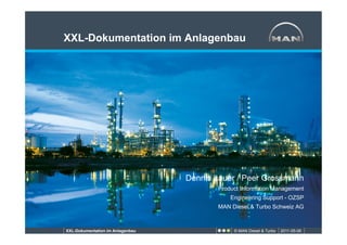 XXL-Dokumentation im Anlagenbau




                                  Dennis Lauer / Peer Grossmann
                                         Product Information Management
                                             Engineering Support - OZSP
                                         MAN Diesel & Turbo Schweiz AG



XXL-Dokumentation im Anlagenbau               © MAN Diesel & Turbo   2011-05-06
 