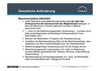 Gesetzliche Anforderung

Maschinenrichtlinie 2006/42/EG
   §  Jeder Maschine muss eine Betriebsanleitung in der oder den
       Amtssprachen der Gemeinschaft des Mitgliedstaats beiliegen, in
       dem die Maschine in Verkehr gebracht und/oder in Betrieb
       genommen wird
   §  „…nicht nur die bestimmungsgemäße Verwendung […] sondern auch
       jede vernünftigerweise vorhersehbare Fehlanwendung“ muss
       beschrieben sein
   §  Nennen von Restrisiken à Ergebnis der Risikobeurteilung
   §  Ausliefern der Betriebsanleitung (BA) mit der Maschinenanlage, aber
       spätestens vor dem Inverkehrbringen bzw. der Inbetriebnahme
   §  Bestimmungsgemässe Verwendung auch für die Anlage nennen
   §  Betrachtung gesamter Lebenszyklus, d.h. nicht nur Bedienung
       sondern Betrieb gesamthaft (inkl. Störung, Wartung, Instandhaltung,
       Verschrottung, …)
   §  Betriebsanleitung ist Produktbestandteil, d.h. ohne, mit fehlerhafter
       oder unverständlicher BA = Mangel am Produkt


XXL-Dokumentation im Anlagenbau                    © MAN Diesel & Turbo   2011-05-06
 