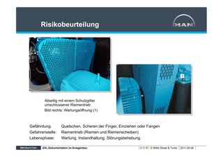 Risikobeurteilung




        Allseitig mit einem Schutzgitter
        umschlossener Riementrieb
        Bild rechts: Wartungsöffnung (1)



Gefährdung:         Quetschen, Scheren der Finger, Einziehen oder Fangen
Gefahrenstelle:     Riementrieb (Riemen und Riemenscheiben)
Lebensphase:        Wartung, Instandhaltung, Störungsbehebung

       XXL-Dokumentation im Anlagenbau                             © MAN Diesel & Turbo   2011-05-06
 