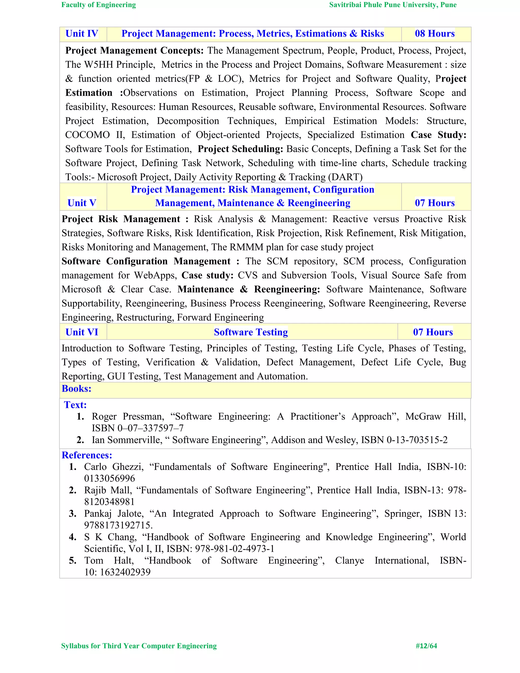 Faculty of Engineering Savitribai Phule Pune University, Pune
Syllabus for Third Year Computer Engineering #12/64
Unit IV Project Management: Process, Metrics, Estimations & Risks 08 Hours
Project Management Concepts: The Management Spectrum, People, Product, Process, Project,
The W5HH Principle, Metrics in the Process and Project Domains, Software Measurement : size
& function oriented metrics(FP & LOC), Metrics for Project and Software Quality, Project
Estimation :Observations on Estimation, Project Planning Process, Software Scope and
feasibility, Resources: Human Resources, Reusable software, Environmental Resources. Software
Project Estimation, Decomposition Techniques, Empirical Estimation Models: Structure,
COCOMO II, Estimation of Object-oriented Projects, Specialized Estimation Case Study:
Software Tools for Estimation, Project Scheduling: Basic Concepts, Defining a Task Set for the
Software Project, Defining Task Network, Scheduling with time-line charts, Schedule tracking
Tools:- Microsoft Project, Daily Activity Reporting & Tracking (DART)
Unit V
Project Management: Risk Management, Configuration
Management, Maintenance & Reengineering 07 Hours
Project Risk Management : Risk Analysis & Management: Reactive versus Proactive Risk
Strategies, Software Risks, Risk Identification, Risk Projection, Risk Refinement, Risk Mitigation,
Risks Monitoring and Management, The RMMM plan for case study project
Software Configuration Management : The SCM repository, SCM process, Configuration
management for WebApps, Case study: CVS and Subversion Tools, Visual Source Safe from
Microsoft & Clear Case. Maintenance & Reengineering: Software Maintenance, Software
Supportability, Reengineering, Business Process Reengineering, Software Reengineering, Reverse
Engineering, Restructuring, Forward Engineering
Unit VI Software Testing 07 Hours
Introduction to Software Testing, Principles of Testing, Testing Life Cycle, Phases of Testing,
Types of Testing, Verification & Validation, Defect Management, Defect Life Cycle, Bug
Reporting, GUI Testing, Test Management and Automation.
Books:
Text:
1. Roger Pressman, “Software Engineering: A Practitioner’s Approach”, McGraw Hill,
ISBN 0–07–337597–7
2. Ian Sommerville, “ Software Engineering”, Addison and Wesley, ISBN 0-13-703515-2
References:
1. Carlo Ghezzi, “Fundamentals of Software Engineering", Prentice Hall India, ISBN-10:
0133056996
2. Rajib Mall, “Fundamentals of Software Engineering”, Prentice Hall India, ISBN-13: 978-
8120348981
3. Pankaj Jalote, “An Integrated Approach to Software Engineering”, Springer, ISBN 13:
9788173192715.
4. S K Chang, “Handbook of Software Engineering and Knowledge Engineering”, World
Scientific, Vol I, II, ISBN: 978-981-02-4973-1
5. Tom Halt, “Handbook of Software Engineering”, Clanye International, ISBN-
10: 1632402939
 