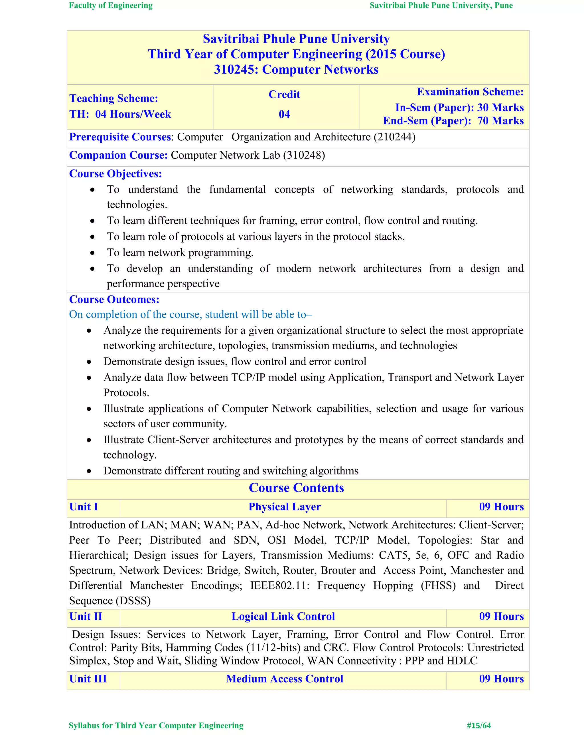 Faculty of Engineering Savitribai Phule Pune University, Pune
Syllabus for Third Year Computer Engineering #15/64
Savitribai Phule Pune University
Third Year of Computer Engineering (2015 Course)
310245: Computer Networks
Teaching Scheme:
TH: 04 Hours/Week
Credit
04
Examination Scheme:
In-Sem (Paper): 30 Marks
End-Sem (Paper): 70 Marks
Prerequisite Courses: Computer Organization and Architecture (210244)
Companion Course: Computer Network Lab (310248)
Course Objectives:
 To understand the fundamental concepts of networking standards, protocols and
technologies.
 To learn different techniques for framing, error control, flow control and routing.
 To learn role of protocols at various layers in the protocol stacks.
 To learn network programming.
 To develop an understanding of modern network architectures from a design and
performance perspective
Course Outcomes:
On completion of the course, student will be able to–
 Analyze the requirements for a given organizational structure to select the most appropriate
networking architecture, topologies, transmission mediums, and technologies
 Demonstrate design issues, flow control and error control
 Analyze data flow between TCP/IP model using Application, Transport and Network Layer
Protocols.
 Illustrate applications of Computer Network capabilities, selection and usage for various
sectors of user community.
 Illustrate Client-Server architectures and prototypes by the means of correct standards and
technology.
 Demonstrate different routing and switching algorithms
Course Contents
Unit I Physical Layer 09 Hours
Introduction of LAN; MAN; WAN; PAN, Ad-hoc Network, Network Architectures: Client-Server;
Peer To Peer; Distributed and SDN, OSI Model, TCP/IP Model, Topologies: Star and
Hierarchical; Design issues for Layers, Transmission Mediums: CAT5, 5e, 6, OFC and Radio
Spectrum, Network Devices: Bridge, Switch, Router, Brouter and Access Point, Manchester and
Differential Manchester Encodings; IEEE802.11: Frequency Hopping (FHSS) and Direct
Sequence (DSSS)
Unit II Logical Link Control 09 Hours
Design Issues: Services to Network Layer, Framing, Error Control and Flow Control. Error
Control: Parity Bits, Hamming Codes (11/12-bits) and CRC. Flow Control Protocols: Unrestricted
Simplex, Stop and Wait, Sliding Window Protocol, WAN Connectivity : PPP and HDLC
Unit III Medium Access Control 09 Hours
 