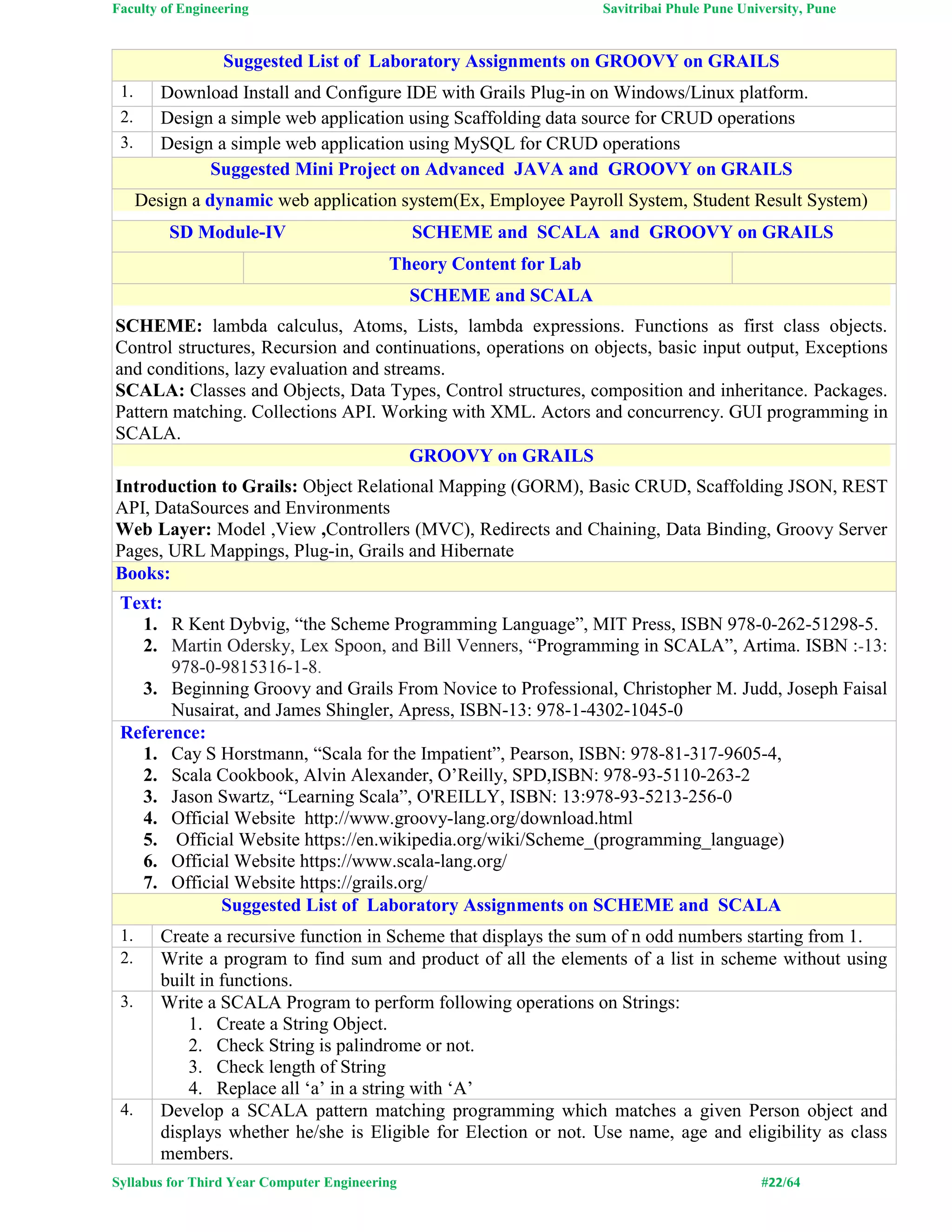 Faculty of Engineering Savitribai Phule Pune University, Pune
Syllabus for Third Year Computer Engineering #22/64
Suggested List of Laboratory Assignments on GROOVY on GRAILS
1. Download Install and Configure IDE with Grails Plug-in on Windows/Linux platform.
2. Design a simple web application using Scaffolding data source for CRUD operations
3. Design a simple web application using MySQL for CRUD operations
Suggested Mini Project on Advanced JAVA and GROOVY on GRAILS
Design a dynamic web application system(Ex, Employee Payroll System, Student Result System)
SD Module-IV SCHEME and SCALA and GROOVY on GRAILS
Theory Content for Lab
SCHEME and SCALA
SCHEME: lambda calculus, Atoms, Lists, lambda expressions. Functions as first class objects.
Control structures, Recursion and continuations, operations on objects, basic input output, Exceptions
and conditions, lazy evaluation and streams.
SCALA: Classes and Objects, Data Types, Control structures, composition and inheritance. Packages.
Pattern matching. Collections API. Working with XML. Actors and concurrency. GUI programming in
SCALA.
GROOVY on GRAILS
Introduction to Grails: Object Relational Mapping (GORM), Basic CRUD, Scaffolding JSON, REST
API, DataSources and Environments
Web Layer: Model ,View ,Controllers (MVC), Redirects and Chaining, Data Binding, Groovy Server
Pages, URL Mappings, Plug-in, Grails and Hibernate
Books:
Text:
1. R Kent Dybvig, “the Scheme Programming Language”, MIT Press, ISBN 978-0-262-51298-5.
2. Martin Odersky, Lex Spoon, and Bill Venners, “Programming in SCALA”, Artima. ISBN :-13:
978-0-9815316-1-8.
3. Beginning Groovy and Grails From Novice to Professional, Christopher M. Judd, Joseph Faisal
Nusairat, and James Shingler, Apress, ISBN-13: 978-1-4302-1045-0
Reference:
1. Cay S Horstmann, “Scala for the Impatient”, Pearson, ISBN: 978-81-317-9605-4,
2. Scala Cookbook, Alvin Alexander, O’Reilly, SPD,ISBN: 978-93-5110-263-2
3. Jason Swartz, “Learning Scala”, O'REILLY, ISBN: 13:978-93-5213-256-0
4. Official Website http://www.groovy-lang.org/download.html
5. Official Website https://en.wikipedia.org/wiki/Scheme_(programming_language)
6. Official Website https://www.scala-lang.org/
7. Official Website https://grails.org/
Suggested List of Laboratory Assignments on SCHEME and SCALA
1. Create a recursive function in Scheme that displays the sum of n odd numbers starting from 1.
2. Write a program to find sum and product of all the elements of a list in scheme without using
built in functions.
3. Write a SCALA Program to perform following operations on Strings:
1. Create a String Object.
2. Check String is palindrome or not.
3. Check length of String
4. Replace all ‘a’ in a string with ‘A’
4. Develop a SCALA pattern matching programming which matches a given Person object and
displays whether he/she is Eligible for Election or not. Use name, age and eligibility as class
members.
 