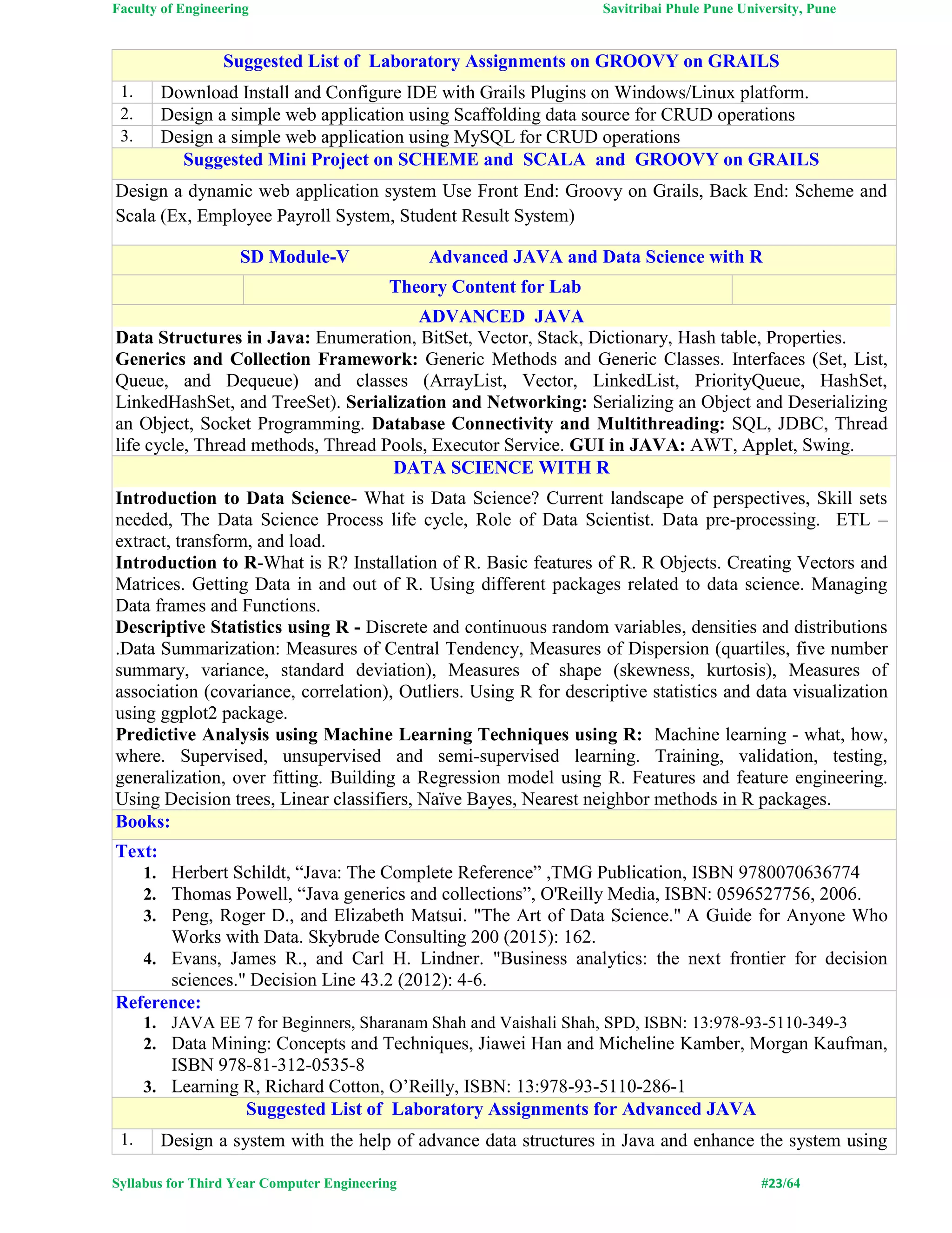 Faculty of Engineering Savitribai Phule Pune University, Pune
Syllabus for Third Year Computer Engineering #23/64
Suggested List of Laboratory Assignments on GROOVY on GRAILS
1. Download Install and Configure IDE with Grails Plugins on Windows/Linux platform.
2. Design a simple web application using Scaffolding data source for CRUD operations
3. Design a simple web application using MySQL for CRUD operations
Suggested Mini Project on SCHEME and SCALA and GROOVY on GRAILS
Design a dynamic web application system Use Front End: Groovy on Grails, Back End: Scheme and
Scala (Ex, Employee Payroll System, Student Result System)
SD Module-V Advanced JAVA and Data Science with R
Theory Content for Lab
ADVANCED JAVA
Data Structures in Java: Enumeration, BitSet, Vector, Stack, Dictionary, Hash table, Properties.
Generics and Collection Framework: Generic Methods and Generic Classes. Interfaces (Set, List,
Queue, and Dequeue) and classes (ArrayList, Vector, LinkedList, PriorityQueue, HashSet,
LinkedHashSet, and TreeSet). Serialization and Networking: Serializing an Object and Deserializing
an Object, Socket Programming. Database Connectivity and Multithreading: SQL, JDBC, Thread
life cycle, Thread methods, Thread Pools, Executor Service. GUI in JAVA: AWT, Applet, Swing.
DATA SCIENCE WITH R
Introduction to Data Science- What is Data Science? Current landscape of perspectives, Skill sets
needed, The Data Science Process life cycle, Role of Data Scientist. Data pre-processing. ETL –
extract, transform, and load.
Introduction to R-What is R? Installation of R. Basic features of R. R Objects. Creating Vectors and
Matrices. Getting Data in and out of R. Using different packages related to data science. Managing
Data frames and Functions.
Descriptive Statistics using R - Discrete and continuous random variables, densities and distributions
.Data Summarization: Measures of Central Tendency, Measures of Dispersion (quartiles, five number
summary, variance, standard deviation), Measures of shape (skewness, kurtosis), Measures of
association (covariance, correlation), Outliers. Using R for descriptive statistics and data visualization
using ggplot2 package.
Predictive Analysis using Machine Learning Techniques using R: Machine learning - what, how,
where. Supervised, unsupervised and semi-supervised learning. Training, validation, testing,
generalization, over fitting. Building a Regression model using R. Features and feature engineering.
Using Decision trees, Linear classifiers, Naïve Bayes, Nearest neighbor methods in R packages.
Books:
Text:
1. Herbert Schildt, “Java: The Complete Reference” ,TMG Publication, ISBN 9780070636774
2. Thomas Powell, “Java generics and collections”, O'Reilly Media, ISBN: 0596527756, 2006.
3. Peng, Roger D., and Elizabeth Matsui. "The Art of Data Science." A Guide for Anyone Who
Works with Data. Skybrude Consulting 200 (2015): 162.
4. Evans, James R., and Carl H. Lindner. "Business analytics: the next frontier for decision
sciences." Decision Line 43.2 (2012): 4-6.
Reference:
1. JAVA EE 7 for Beginners, Sharanam Shah and Vaishali Shah, SPD, ISBN: 13:978-93-5110-349-3
2. Data Mining: Concepts and Techniques, Jiawei Han and Micheline Kamber, Morgan Kaufman,
ISBN 978-81-312-0535-8
3. Learning R, Richard Cotton, O’Reilly, ISBN: 13:978-93-5110-286-1
Suggested List of Laboratory Assignments for Advanced JAVA
1. Design a system with the help of advance data structures in Java and enhance the system using
 