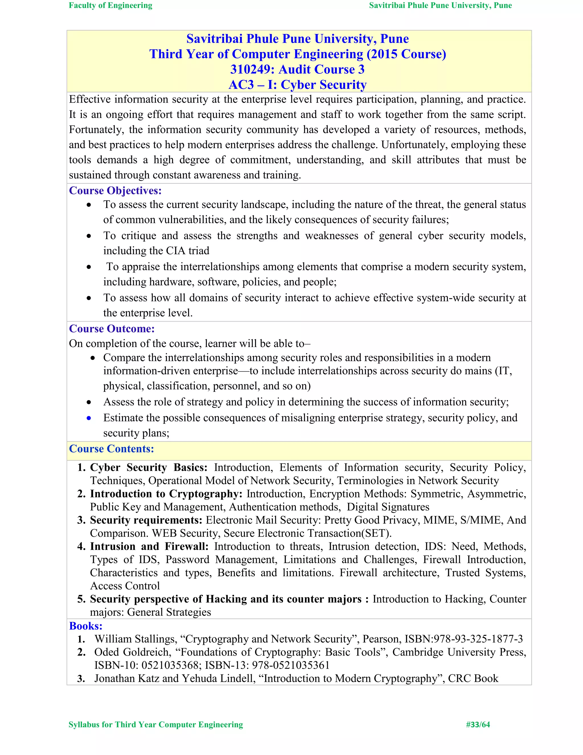 Faculty of Engineering Savitribai Phule Pune University, Pune
Syllabus for Third Year Computer Engineering #33/64
Savitribai Phule Pune University, Pune
Third Year of Computer Engineering (2015 Course)
310249: Audit Course 3
AC3 – I: Cyber Security
Effective information security at the enterprise level requires participation, planning, and practice.
It is an ongoing effort that requires management and staff to work together from the same script.
Fortunately, the information security community has developed a variety of resources, methods,
and best practices to help modern enterprises address the challenge. Unfortunately, employing these
tools demands a high degree of commitment, understanding, and skill attributes that must be
sustained through constant awareness and training.
Course Objectives:
 To assess the current security landscape, including the nature of the threat, the general status
of common vulnerabilities, and the likely consequences of security failures;
 To critique and assess the strengths and weaknesses of general cyber security models,
including the CIA triad
 To appraise the interrelationships among elements that comprise a modern security system,
including hardware, software, policies, and people;
 To assess how all domains of security interact to achieve effective system-wide security at
the enterprise level.
Course Outcome:
On completion of the course, learner will be able to–
 Compare the interrelationships among security roles and responsibilities in a modern
information-driven enterprise—to include interrelationships across security do mains (IT,
physical, classification, personnel, and so on)
 Assess the role of strategy and policy in determining the success of information security;
 Estimate the possible consequences of misaligning enterprise strategy, security policy, and
security plans;
Course Contents:
1. Cyber Security Basics: Introduction, Elements of Information security, Security Policy,
Techniques, Operational Model of Network Security, Terminologies in Network Security
2. Introduction to Cryptography: Introduction, Encryption Methods: Symmetric, Asymmetric,
Public Key and Management, Authentication methods, Digital Signatures
3. Security requirements: Electronic Mail Security: Pretty Good Privacy, MIME, S/MIME, And
Comparison. WEB Security, Secure Electronic Transaction(SET).
4. Intrusion and Firewall: Introduction to threats, Intrusion detection, IDS: Need, Methods,
Types of IDS, Password Management, Limitations and Challenges, Firewall Introduction,
Characteristics and types, Benefits and limitations. Firewall architecture, Trusted Systems,
Access Control
5. Security perspective of Hacking and its counter majors : Introduction to Hacking, Counter
majors: General Strategies
Books:
1. William Stallings, “Cryptography and Network Security”, Pearson, ISBN:978-93-325-1877-3
2. Oded Goldreich, “Foundations of Cryptography: Basic Tools”, Cambridge University Press,
ISBN-10: 0521035368; ISBN-13: 978-0521035361
3. Jonathan Katz and Yehuda Lindell, “Introduction to Modern Cryptography”, CRC Book
 