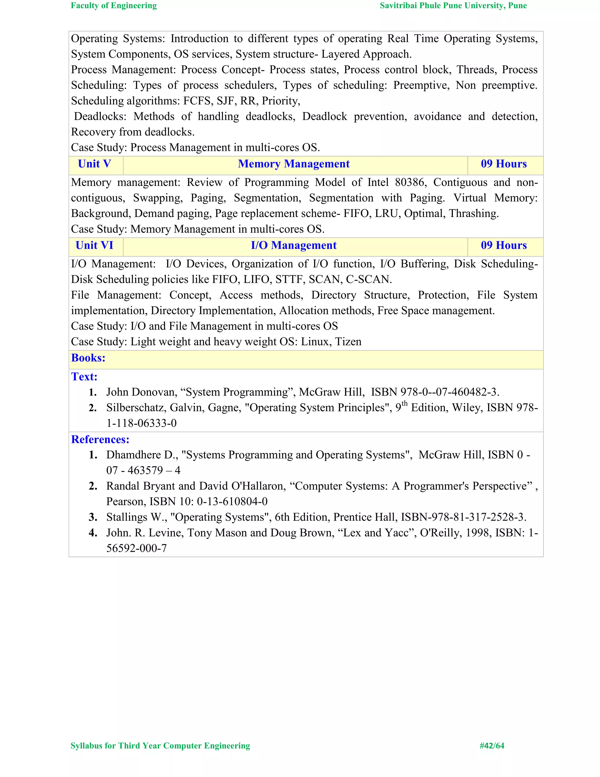 Faculty of Engineering Savitribai Phule Pune University, Pune
Syllabus for Third Year Computer Engineering #42/64
Operating Systems: Introduction to different types of operating Real Time Operating Systems,
System Components, OS services, System structure- Layered Approach.
Process Management: Process Concept- Process states, Process control block, Threads, Process
Scheduling: Types of process schedulers, Types of scheduling: Preemptive, Non preemptive.
Scheduling algorithms: FCFS, SJF, RR, Priority,
Deadlocks: Methods of handling deadlocks, Deadlock prevention, avoidance and detection,
Recovery from deadlocks.
Case Study: Process Management in multi-cores OS.
Unit V Memory Management 09 Hours
Memory management: Review of Programming Model of Intel 80386, Contiguous and non-
contiguous, Swapping, Paging, Segmentation, Segmentation with Paging. Virtual Memory:
Background, Demand paging, Page replacement scheme- FIFO, LRU, Optimal, Thrashing.
Case Study: Memory Management in multi-cores OS.
Unit VI I/O Management 09 Hours
I/O Management: I/O Devices, Organization of I/O function, I/O Buffering, Disk Scheduling-
Disk Scheduling policies like FIFO, LIFO, STTF, SCAN, C-SCAN.
File Management: Concept, Access methods, Directory Structure, Protection, File System
implementation, Directory Implementation, Allocation methods, Free Space management.
Case Study: I/O and File Management in multi-cores OS
Case Study: Light weight and heavy weight OS: Linux, Tizen
Books:
Text:
1. John Donovan, “System Programming”, McGraw Hill, ISBN 978-0--07-460482-3.
2. Silberschatz, Galvin, Gagne, "Operating System Principles", 9th
Edition, Wiley, ISBN 978-
1-118-06333-0
References:
1. Dhamdhere D., "Systems Programming and Operating Systems", McGraw Hill, ISBN 0 -
07 - 463579 – 4
2. Randal Bryant and David O'Hallaron, “Computer Systems: A Programmer's Perspective” ,
Pearson, ISBN 10: 0-13-610804-0
3. Stallings W., "Operating Systems", 6th Edition, Prentice Hall, ISBN-978-81-317-2528-3.
4. John. R. Levine, Tony Mason and Doug Brown, “Lex and Yacc”, O'Reilly, 1998, ISBN: 1-
56592-000-7
 