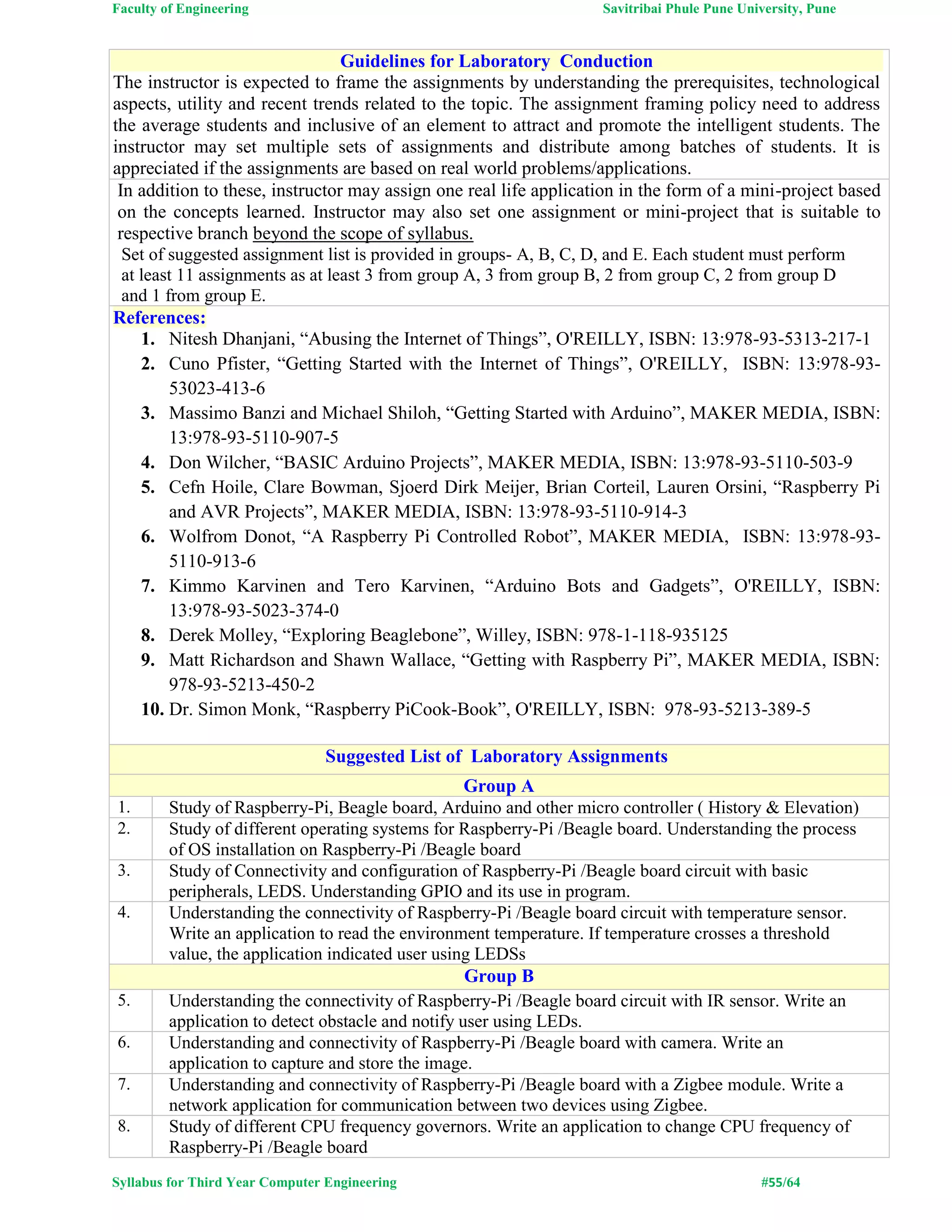 Faculty of Engineering Savitribai Phule Pune University, Pune
Syllabus for Third Year Computer Engineering #55/64
Guidelines for Laboratory Conduction
The instructor is expected to frame the assignments by understanding the prerequisites, technological
aspects, utility and recent trends related to the topic. The assignment framing policy need to address
the average students and inclusive of an element to attract and promote the intelligent students. The
instructor may set multiple sets of assignments and distribute among batches of students. It is
appreciated if the assignments are based on real world problems/applications.
In addition to these, instructor may assign one real life application in the form of a mini-project based
on the concepts learned. Instructor may also set one assignment or mini-project that is suitable to
respective branch beyond the scope of syllabus.
Set of suggested assignment list is provided in groups- A, B, C, D, and E. Each student must perform
at least 11 assignments as at least 3 from group A, 3 from group B, 2 from group C, 2 from group D
and 1 from group E.
References:
1. Nitesh Dhanjani, “Abusing the Internet of Things”, O'REILLY, ISBN: 13:978-93-5313-217-1
2. Cuno Pfister, “Getting Started with the Internet of Things”, O'REILLY, ISBN: 13:978-93-
53023-413-6
3. Massimo Banzi and Michael Shiloh, “Getting Started with Arduino”, MAKER MEDIA, ISBN:
13:978-93-5110-907-5
4. Don Wilcher, “BASIC Arduino Projects”, MAKER MEDIA, ISBN: 13:978-93-5110-503-9
5. Cefn Hoile, Clare Bowman, Sjoerd Dirk Meijer, Brian Corteil, Lauren Orsini, “Raspberry Pi
and AVR Projects”, MAKER MEDIA, ISBN: 13:978-93-5110-914-3
6. Wolfrom Donot, “A Raspberry Pi Controlled Robot”, MAKER MEDIA, ISBN: 13:978-93-
5110-913-6
7. Kimmo Karvinen and Tero Karvinen, “Arduino Bots and Gadgets”, O'REILLY, ISBN:
13:978-93-5023-374-0
8. Derek Molley, “Exploring Beaglebone”, Willey, ISBN: 978-1-118-935125
9. Matt Richardson and Shawn Wallace, “Getting with Raspberry Pi”, MAKER MEDIA, ISBN:
978-93-5213-450-2
10. Dr. Simon Monk, “Raspberry PiCook-Book”, O'REILLY, ISBN: 978-93-5213-389-5
Suggested List of Laboratory Assignments
Group A
1. Study of Raspberry-Pi, Beagle board, Arduino and other micro controller ( History & Elevation)
2. Study of different operating systems for Raspberry-Pi /Beagle board. Understanding the process
of OS installation on Raspberry-Pi /Beagle board
3. Study of Connectivity and configuration of Raspberry-Pi /Beagle board circuit with basic
peripherals, LEDS. Understanding GPIO and its use in program.
4. Understanding the connectivity of Raspberry-Pi /Beagle board circuit with temperature sensor.
Write an application to read the environment temperature. If temperature crosses a threshold
value, the application indicated user using LEDSs
Group B
5. Understanding the connectivity of Raspberry-Pi /Beagle board circuit with IR sensor. Write an
application to detect obstacle and notify user using LEDs.
6. Understanding and connectivity of Raspberry-Pi /Beagle board with camera. Write an
application to capture and store the image.
7. Understanding and connectivity of Raspberry-Pi /Beagle board with a Zigbee module. Write a
network application for communication between two devices using Zigbee.
8. Study of different CPU frequency governors. Write an application to change CPU frequency of
Raspberry-Pi /Beagle board
 
