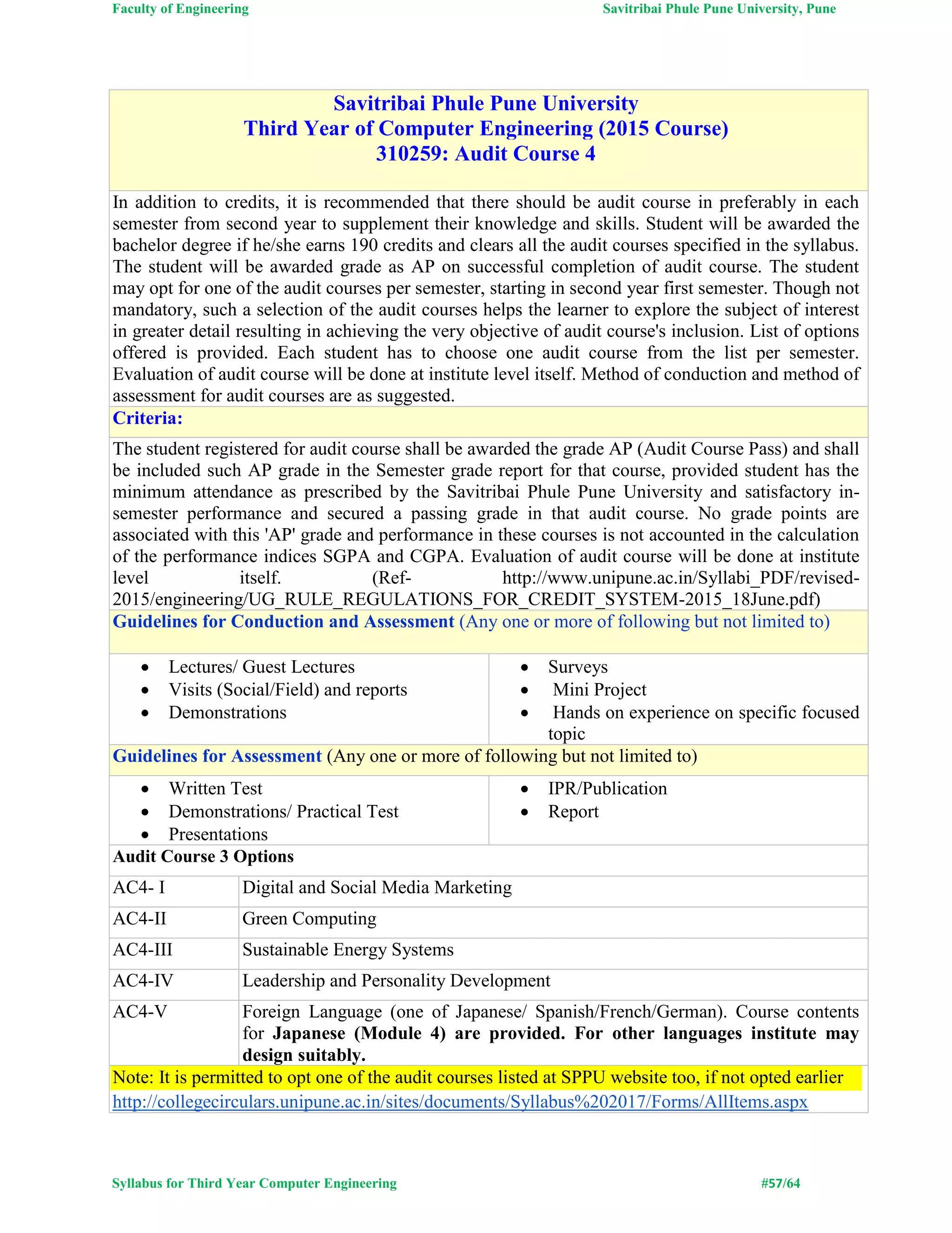 Faculty of Engineering Savitribai Phule Pune University, Pune
Syllabus for Third Year Computer Engineering #57/64
Savitribai Phule Pune University
Third Year of Computer Engineering (2015 Course)
310259: Audit Course 4
In addition to credits, it is recommended that there should be audit course in preferably in each
semester from second year to supplement their knowledge and skills. Student will be awarded the
bachelor degree if he/she earns 190 credits and clears all the audit courses specified in the syllabus.
The student will be awarded grade as AP on successful completion of audit course. The student
may opt for one of the audit courses per semester, starting in second year first semester. Though not
mandatory, such a selection of the audit courses helps the learner to explore the subject of interest
in greater detail resulting in achieving the very objective of audit course's inclusion. List of options
offered is provided. Each student has to choose one audit course from the list per semester.
Evaluation of audit course will be done at institute level itself. Method of conduction and method of
assessment for audit courses are as suggested.
Criteria:
The student registered for audit course shall be awarded the grade AP (Audit Course Pass) and shall
be included such AP grade in the Semester grade report for that course, provided student has the
minimum attendance as prescribed by the Savitribai Phule Pune University and satisfactory in-
semester performance and secured a passing grade in that audit course. No grade points are
associated with this 'AP' grade and performance in these courses is not accounted in the calculation
of the performance indices SGPA and CGPA. Evaluation of audit course will be done at institute
level itself. (Ref- http://www.unipune.ac.in/Syllabi_PDF/revised-
2015/engineering/UG_RULE_REGULATIONS_FOR_CREDIT_SYSTEM-2015_18June.pdf)
Guidelines for Conduction and Assessment (Any one or more of following but not limited to)
 Lectures/ Guest Lectures
 Visits (Social/Field) and reports
 Demonstrations
 Surveys
 Mini Project
 Hands on experience on specific focused
topic
Guidelines for Assessment (Any one or more of following but not limited to)
 Written Test
 Demonstrations/ Practical Test
 Presentations
 IPR/Publication
 Report
Audit Course 3 Options
AC4- I Digital and Social Media Marketing
AC4-II Green Computing
AC4-III Sustainable Energy Systems
AC4-IV Leadership and Personality Development
AC4-V Foreign Language (one of Japanese/ Spanish/French/German). Course contents
for Japanese (Module 4) are provided. For other languages institute may
design suitably.
Note: It is permitted to opt one of the audit courses listed at SPPU website too, if not opted earlier
http://collegecirculars.unipune.ac.in/sites/documents/Syllabus%202017/Forms/AllItems.aspx
 