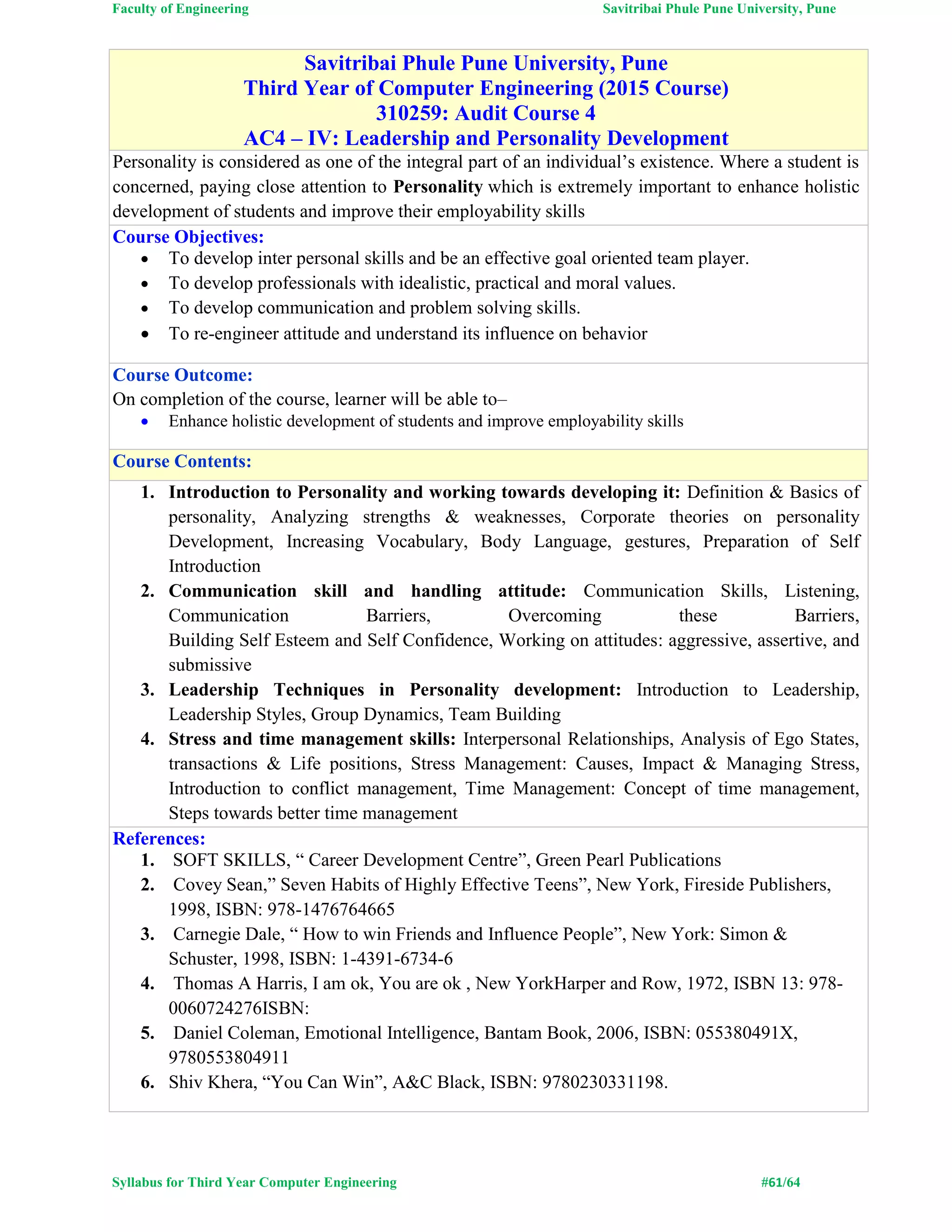 Faculty of Engineering Savitribai Phule Pune University, Pune
Syllabus for Third Year Computer Engineering #61/64
Savitribai Phule Pune University, Pune
Third Year of Computer Engineering (2015 Course)
310259: Audit Course 4
AC4 – IV: Leadership and Personality Development
Personality is considered as one of the integral part of an individual’s existence. Where a student is
concerned, paying close attention to Personality which is extremely important to enhance holistic
development of students and improve their employability skills
Course Objectives:
 To develop inter personal skills and be an effective goal oriented team player.
 To develop professionals with idealistic, practical and moral values.
 To develop communication and problem solving skills.
 To re-engineer attitude and understand its influence on behavior
Course Outcome:
On completion of the course, learner will be able to–
 Enhance holistic development of students and improve employability skills
Course Contents:
1. Introduction to Personality and working towards developing it: Definition & Basics of
personality, Analyzing strengths & weaknesses, Corporate theories on personality
Development, Increasing Vocabulary, Body Language, gestures, Preparation of Self
Introduction
2. Communication skill and handling attitude: Communication Skills, Listening,
Communication Barriers, Overcoming these Barriers,
Building Self Esteem and Self Confidence, Working on attitudes: aggressive, assertive, and
submissive
3. Leadership Techniques in Personality development: Introduction to Leadership,
Leadership Styles, Group Dynamics, Team Building
4. Stress and time management skills: Interpersonal Relationships, Analysis of Ego States,
transactions & Life positions, Stress Management: Causes, Impact & Managing Stress,
Introduction to conflict management, Time Management: Concept of time management,
Steps towards better time management
References:
1. SOFT SKILLS, “ Career Development Centre”, Green Pearl Publications
2. Covey Sean,” Seven Habits of Highly Effective Teens”, New York, Fireside Publishers,
1998, ISBN: 978-1476764665
3. Carnegie Dale, “ How to win Friends and Influence People”, New York: Simon &
Schuster, 1998, ISBN: 1-4391-6734-6
4. Thomas A Harris, I am ok, You are ok , New YorkHarper and Row, 1972, ISBN 13: 978-
0060724276ISBN:
5. Daniel Coleman, Emotional Intelligence, Bantam Book, 2006, ISBN: 055380491X,
9780553804911
6. Shiv Khera, “You Can Win”, A&C Black, ISBN: 9780230331198.
 