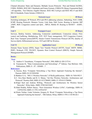 Faculty of Engineering Savitribai Phule Pune University, Pune
Syllabus for Third Year Computer Engineering #16/64
Channel allocation: Static and Dynamic, Multiple Access Protocols: Pure and Slotted ALOHA,
CSMA, WDMA, IEEE 802.3 Standards and Frame Formats, CSMA/CD, Binary Exponential Back
-off algorithm, Fast Ethernet, Gigabit Ethernet, IEEE 802.11a/b/g/n and IEEE 802.15 and IEEE
802.16 Standards, Frame formats, CSMA/CA.
Unit IV Network Layer 09 Hours
Switching techniques, IP Protocol, IPv4 and IPv6 addressing schemes, Subnetting, NAT, CIDR,
ICMP, Routing Protocols: Distance Vector, Link State, Path Vector, Routing in Internet: RIP
,OSPF, BGP, Congestion control and QoS, , MPLS, Mobile IP, Routing in MANET : AODV,
DSR
Unit V Transport Layer 09 Hours
Services, Berkley Sockets, Addressing, Connection establishment, Connection release, Flow
control and buffering, Multiplexing, TCP, TCP Timer management, TCP Congestion Control,
Real Time Transport protocol(RTP), Stream Control Transmission Protocol (SCTP), Quality of
Service (QoS), Differentiated services, TCP and UDP for Wireless.
Unit VI Application Layer 09 Hours
Domain Name System (DNS), Hyper Text Transfer Protocol (HTTP), Email: SMTP, MIME,
POP3, Webmail, FTP, TELNET, Dynamic Host Control Protocol (DHCP), Simple Network
Management Protocol (SNMP).
Books:
Text:
1. Andrew S. Tenenbaum, “Computer Networks”, PHI, ISBN 81-203-2175-8.
2. Fourauzan B., "Data Communications and Networking", 5th
Edition, Tata McGraw- Hill,
Publications, ISBN: 0 – 07 – 058408 – 7
References:
1. 1. Kurose, Ross “Computer Networking a Top Down Approach Featuring the Internet”,
Pearson, ISBN-10: 0132856204
2. Matthew S. G, “802.11 Wireless Networks”, O’Reilly publications, ISBN: 81-7656-992-5
3. C. Siva Ram Murthy and B. S. Manoj, “Ad Hoc Wireless Networks: Architectures and
Protocols” Prentice Hall, ISBN-10: 8131706885; ISBN-13: 978-8131706886
4. Holger Karl and Andreas Willing, “Protocols and Architectures for Wireless Sensor
Networks”, Wiley India , ISBN: 9788126533695
5. Eldad Perahia, Robert Stacey, “Next Generation Wireless LANs”, Cambridge, ISBN-10:
1107016762; ISBN-13: 978-1107016767
6. Efraim Turban, Linda Volonino, Gregory R. Wood “Computer Networking a Top Down
Approach Featuring the Internet”, 10th Edition, Wiley; ISBN13: 978-1-118-96126-1
 