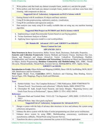 Faculty of Engineering Savitribai Phule Pune University, Pune
Syllabus for Third Year Computer Engineering #21/64
3. Write python code that loads any dataset (example Game_medal.csv), and plot the graph.
4. Write python code that loads any dataset (example Game_medal.csv), and does some basic data
cleaning. Add component on data set.
Suggested List of Laboratory Assignments on DATA Science with R
1. Getting Started with R installation, R objects and basic statistics.
2. Using R for data preprocessing, exploratory analysis, visualization.
3. Using R for correlation and regression analysis.
4. Data analysis case study using R for readily available data set using any one machine learning
algorithm
Suggested Mini Project on PYTHON and DATA Science with R
1. Implementing a simple Recommender System based on user buying pattern.
2. Twitter Sentiment Analysis in Python
3. Applying linear regression model to a real world problem.
SD Module-III Advanced JAVA and GROOVY on GRAILS
Theory Content for Lab
ADVANCED JAVA
Data Structures in Java: Enumeration, BitSet, Vector, Stack, Dictionary, Hash table, Properties.
Generics and Collection Framework: Generic Methods and Generic Classes. Interfaces (Set, List,
Queue, and Dequeue) and classes (ArrayList, Vector, LinkedList, PriorityQueue, HashSet,
LinkedHashSet, and TreeSet). Serialization and Networking: Serializing an Object and Deserializing
an Object, Socket Programming. Database Connectivity and Multithreading: SQL, JDBC, Thread
life cycle, Thread methods, Thread Pools, Executor Service. GUI in JAVA: AWT, Applet, Swing.
GROOVY on GRAIL
Introduction to Grails: Object Relational Mapping (GORM), Basic CRUD, Scaffolding JSON, REST
API, DataSources and Environments.
Web Layer: Model, View, Controllers (MVC), Redirects and Chaining, Data Binding, Groovy
Server Pages, URL Mappings, Plug-in, Grails and Hibernate.
Books:
Text:
1. Herbert Schildt, “Java: The Complete Reference”, TMG Publication, ISBN 9780070636774
2. Thomas Powell, “Java Generics and collections”, O'Reilly Media, ISBN: 0596527756.
3. Christopher M. Judd, Joseph Faisal Nusairat, and James Shingler, “Beginning Groovy and
Grails From Novice to Professional”, Apress, ISBN-13: 978-1-4302-1045-0
Reference:
1. Sharanam Shah and Vaishali Shah, “JAVA EE 7 for Beginners”, SPD, ISBN: 13:978-93-5110-
349-3
2. Official Website http://docs.grails.org/latest/
Suggested List of Laboratory Assignments for Advanced JAVA
1. Design a system with the help of advance data structures in Java and enhance the system using
collections and generics.
2. Enhance the above system with the help of socket programming use client server architecture.
3. Enhance above system by using JDBC, Multithreading, concurrency, synchronous and
asynchronous callbacks, Thread Pools using Executor Service.
4. Transform the above system from command line system to GUI based application
 